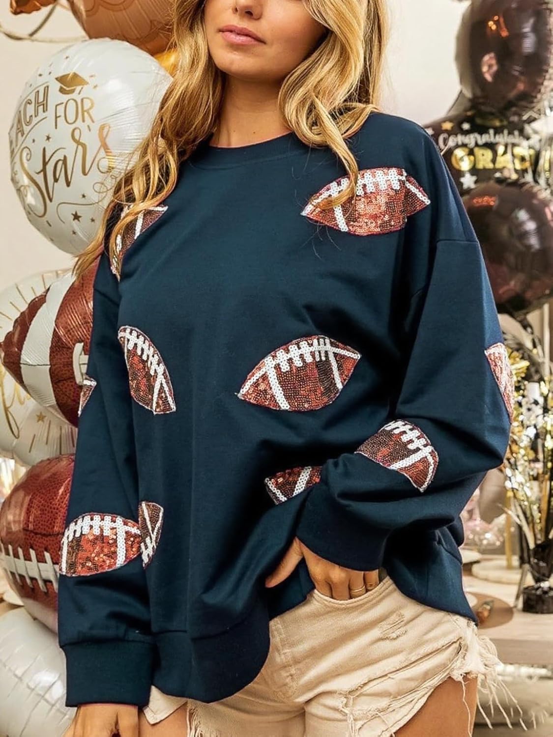 Womens Sparkle Football Sequin Rugby Sweatshirt Game Day Y2K Crewneck Oversized Shirt Long Sleeve Fleece Pullover - Image 4