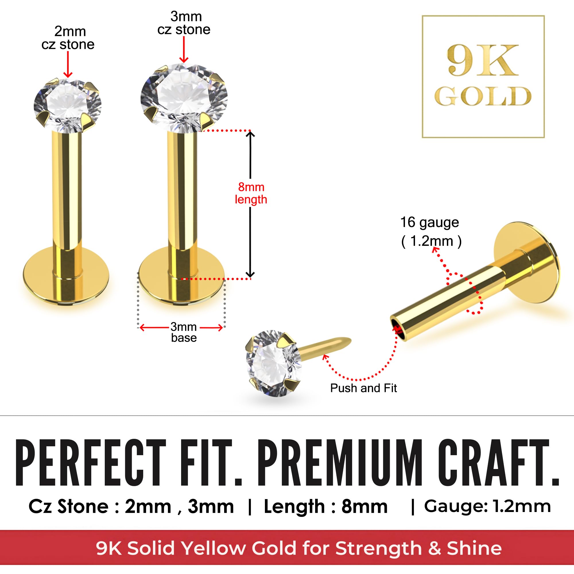 Monster Piercing | 9K Gold Echtgold | Lippenpiercing Tragus Piercing 16 Gauge | Kristallstein | Stablänge: 8MM | Lippe Labret Ohr Piercing | Steingröße: 2MM oder 3MM