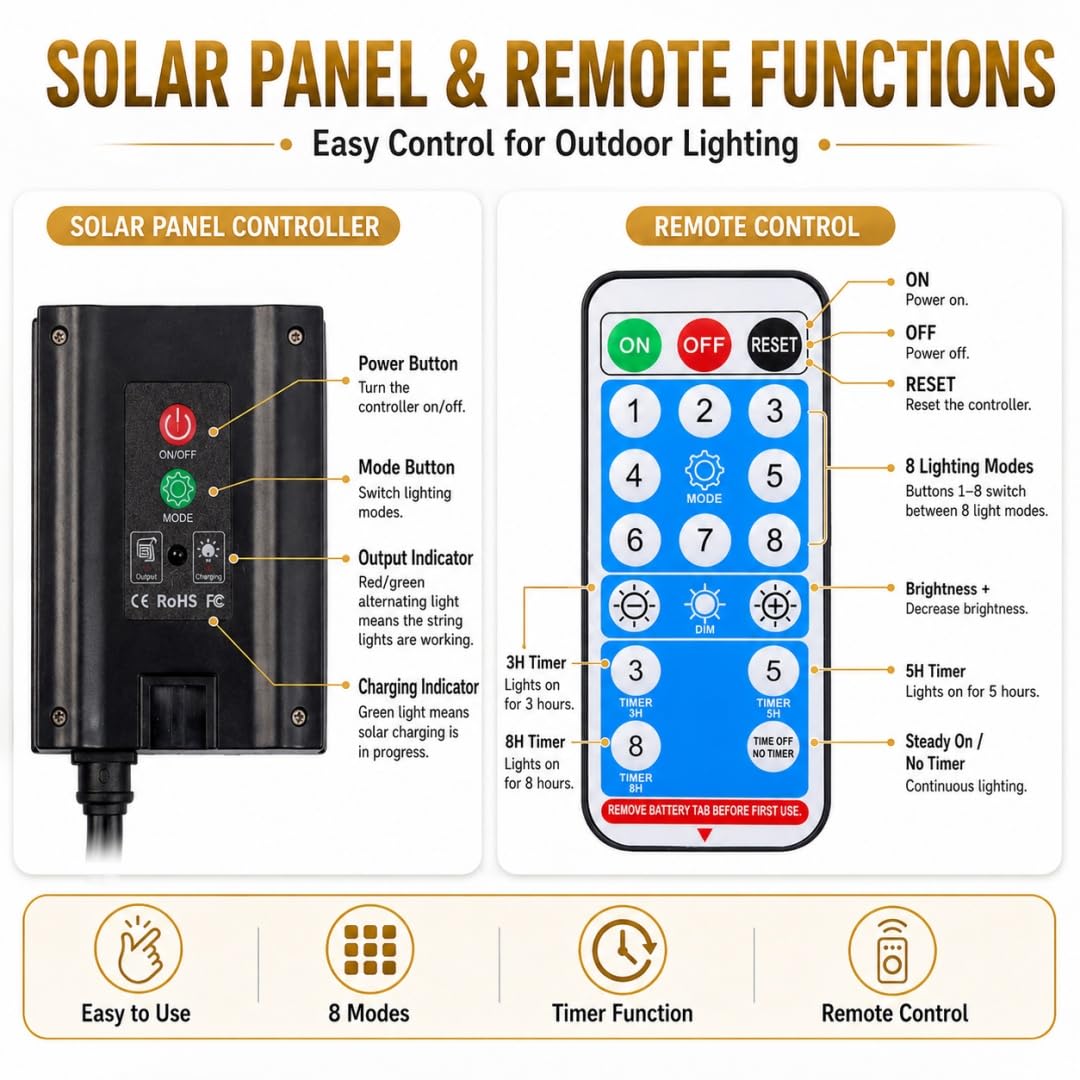 Catena Luminosa Solare, LED Luci Solari Esterno 8 Modalità IP65 Impermeabile Luci Stringa Solare Decorazioni per Barbecue Festa Giardino, telecomando e USB (A Bianco caldo,102m 800 LEDs)
