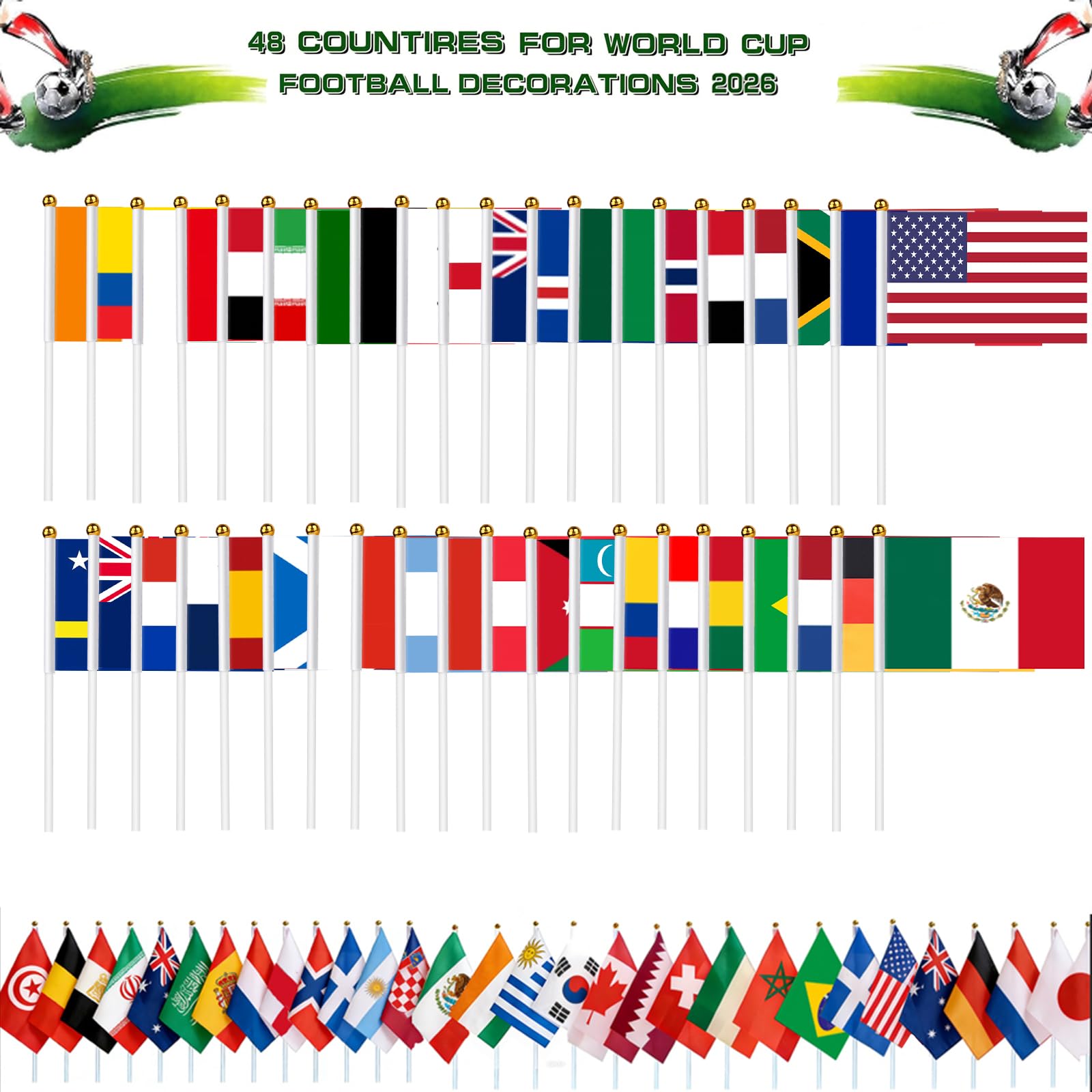 AhfuLife 48 Pays Drapeaux de Coupe du Monde de Football 2026, 14 x 21cm Drapeaux Décorations de la Coupe du Monde avec Mât Blanc de 30cm pour Décor Compétition Football Fans Bar Clubs Fêtes - 4
