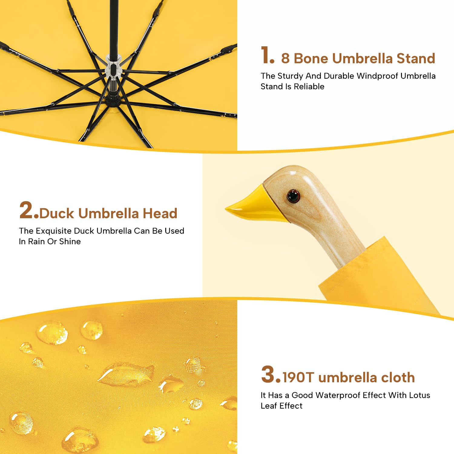 Paraguas pequeñas compactas para lluvia y sol, paraguas de cabeza de pato de diseño lindo para regalos de niñas, paraguas plegable de 8 varillas con mango de madera, 01. Amarillo 5