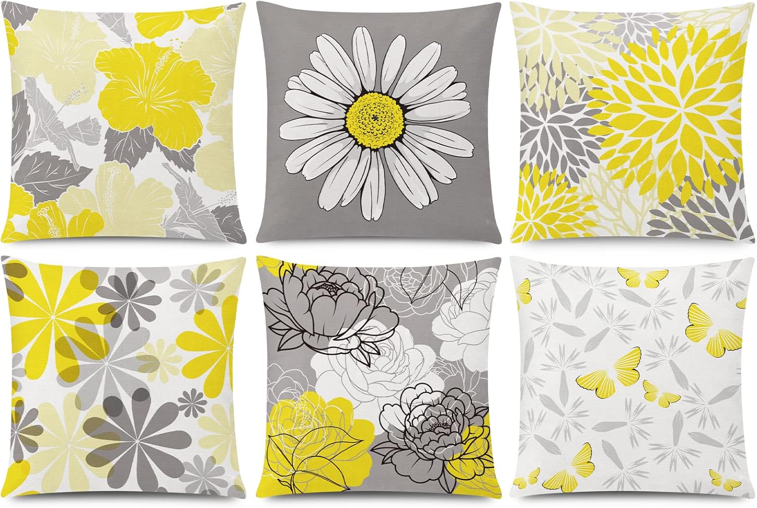 COMMINY Yellow Grey Pillow Covers 18x18 Set of 6 Decorative
