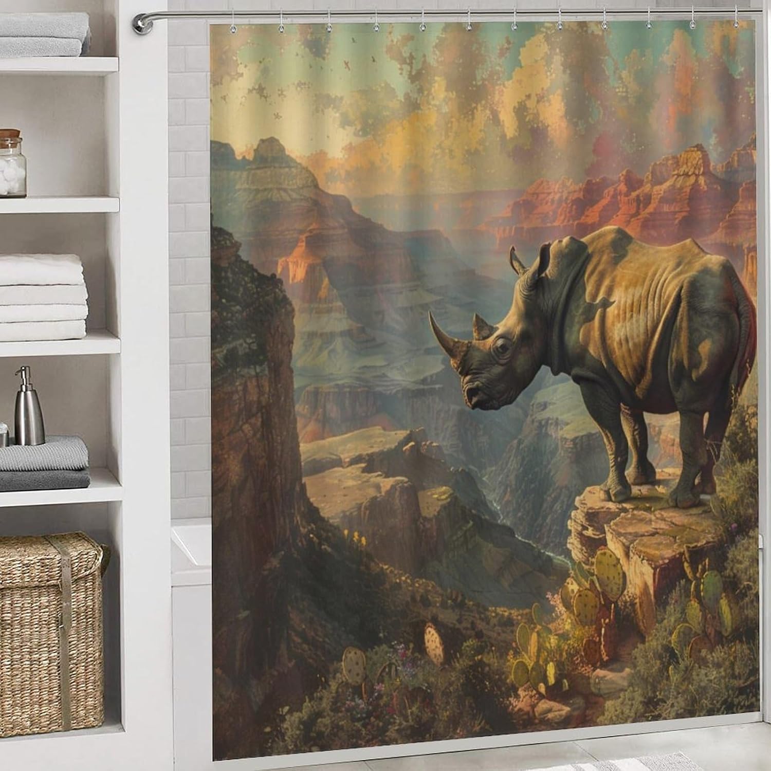 4Pcs Fantasy Rhinoceros Animal Shower Curtain Sets, Bath Mat and Rugs, Desert Mountain Sunset Scenery Shower Curtain with Hooks for Bathroom