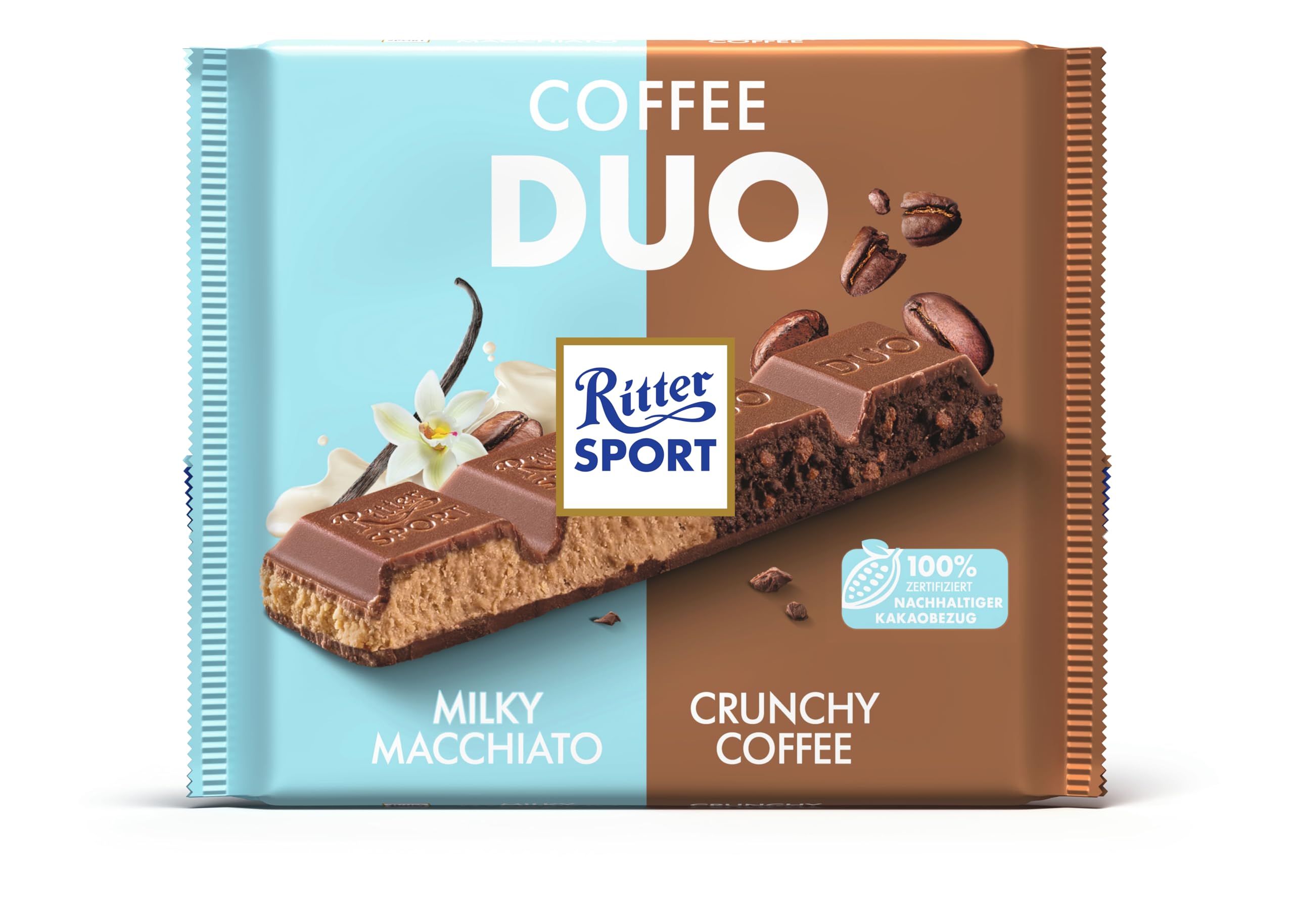 Ritter Sport Coffee Duo, große Tafel Vollmilchschokolade mit Milky Macchiato- & Crunchy Coffee-Füllung, ideal für Kinder & Erwachsene, perfekt zum Naschen und Genießen, Geschenkidee, 12 x 218 g