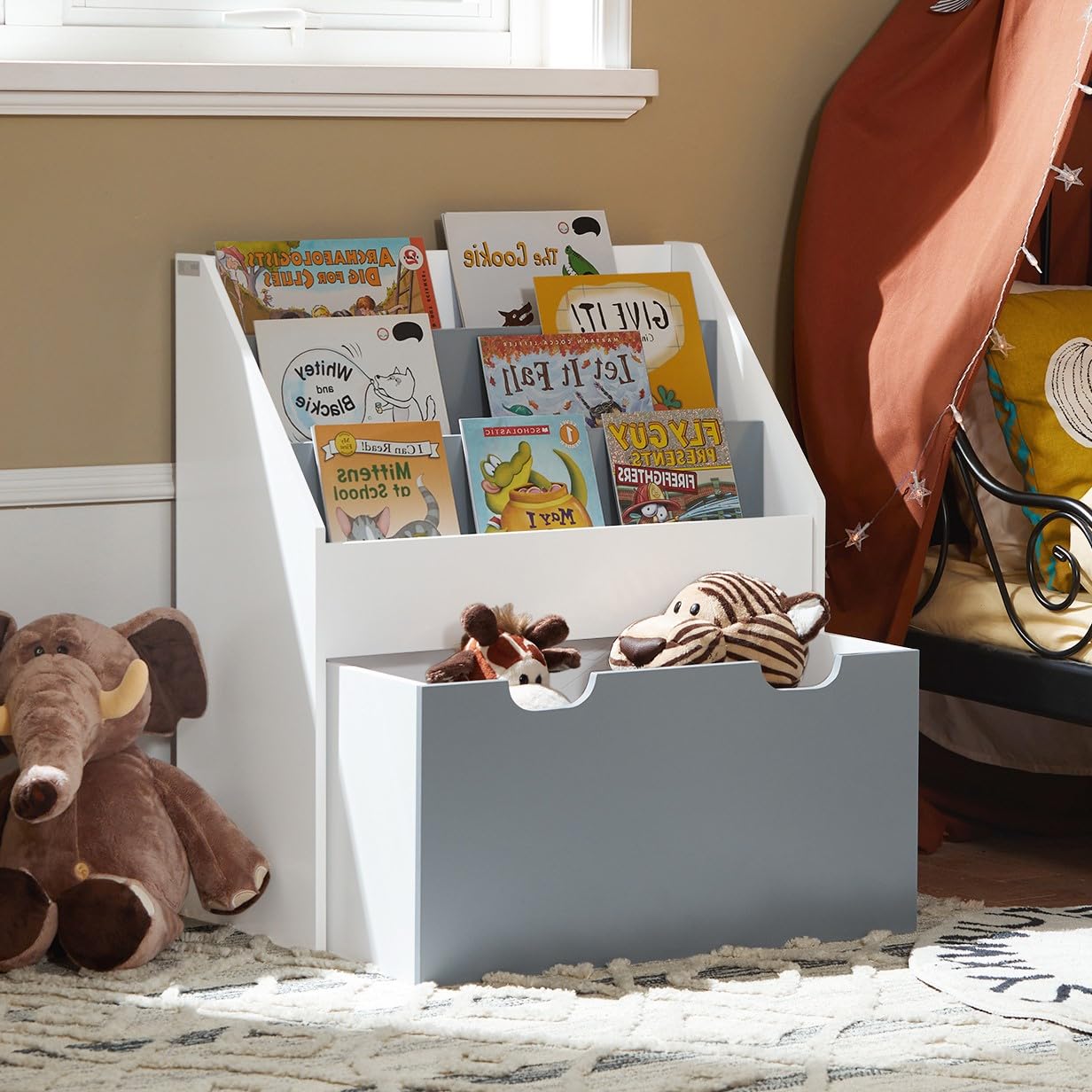 SoBuy Bibliothèque Enfant, Meuble Rangement Enfant avec 3 Niveaux et 1 Boîte de Rangement, Étagère Livre et Meuble Rangement Jouet pour Chambre, Coffre a Jouet, Blanc/Gris 62,5x30x70cm KMB17-HG