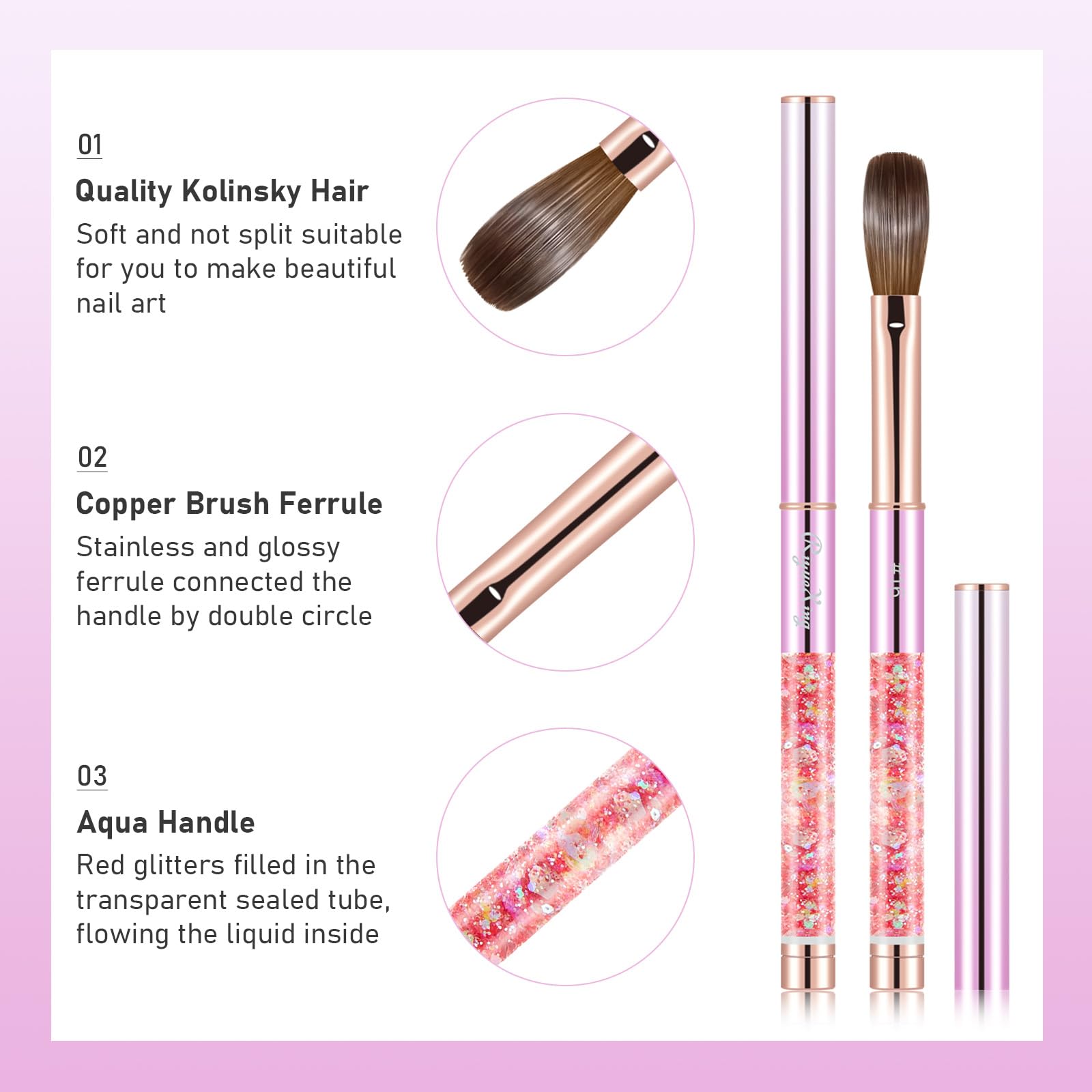 Kolinsky - Brocha profesional para uñas acrílicas, tamaño 14, 100% Kolinsky para aplicación, polvo, arte, bricolaje, salón de manicura en casa (rosa)