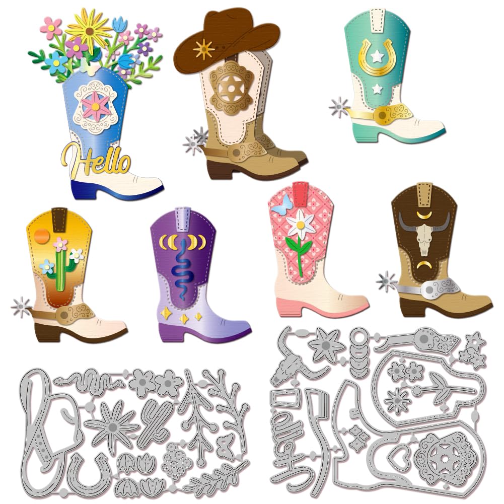 GLOBLELAND Flower Boots Cutting Dies for DIY Scrapbooking Metal Cowboy Hat Flower Boots Cut Dies Snake Cactus Floral Boots Die Cuts for Card Making Craft Decor