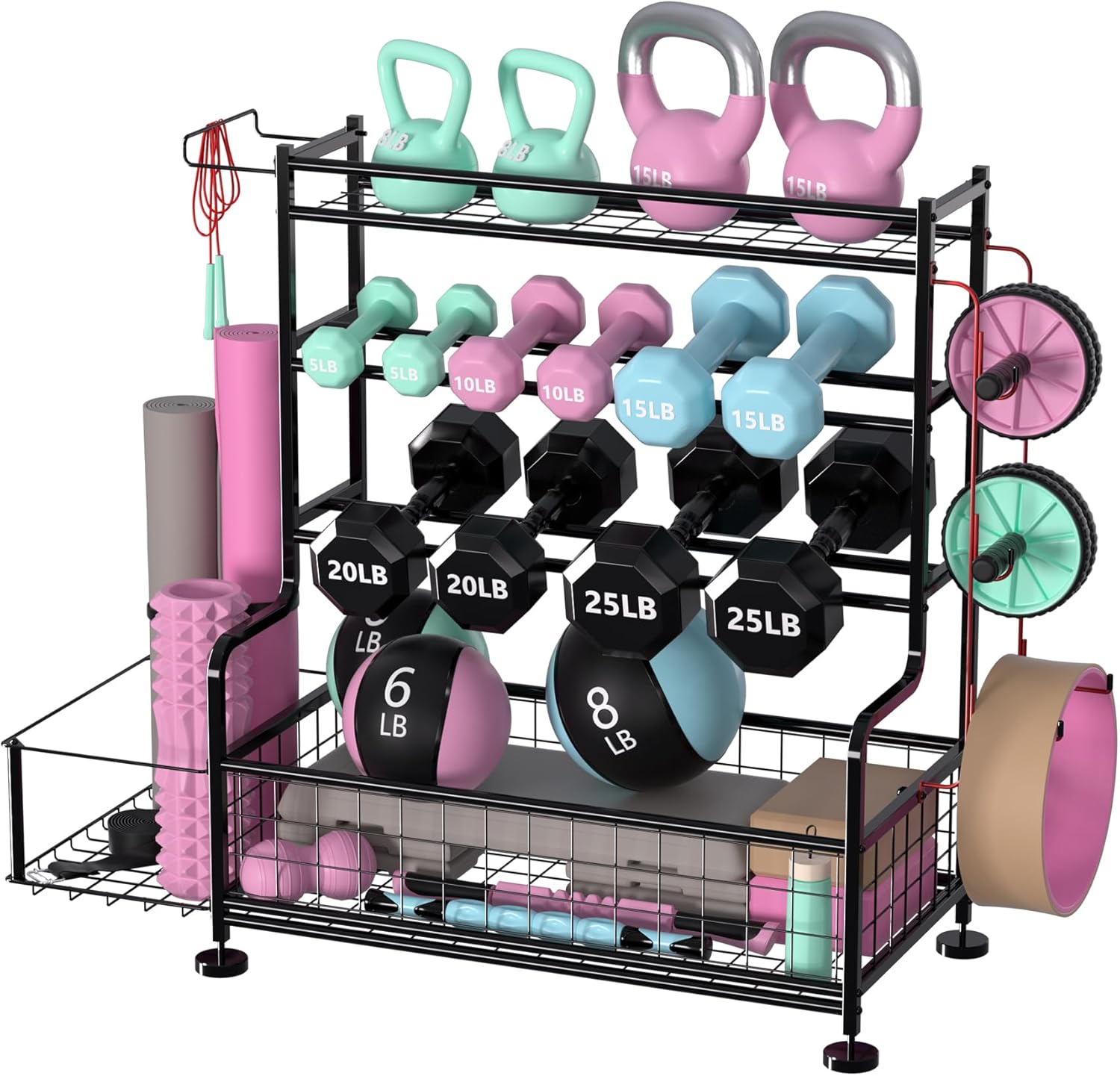 GarveeLife 4-Tier Dumbbell Rack Stand, Weight Rack with Hooks for Home Gym, Home Gym Storage Rack for Yoga Mat Kettlebells and Strength Training Equipment, Powder Coated Finish