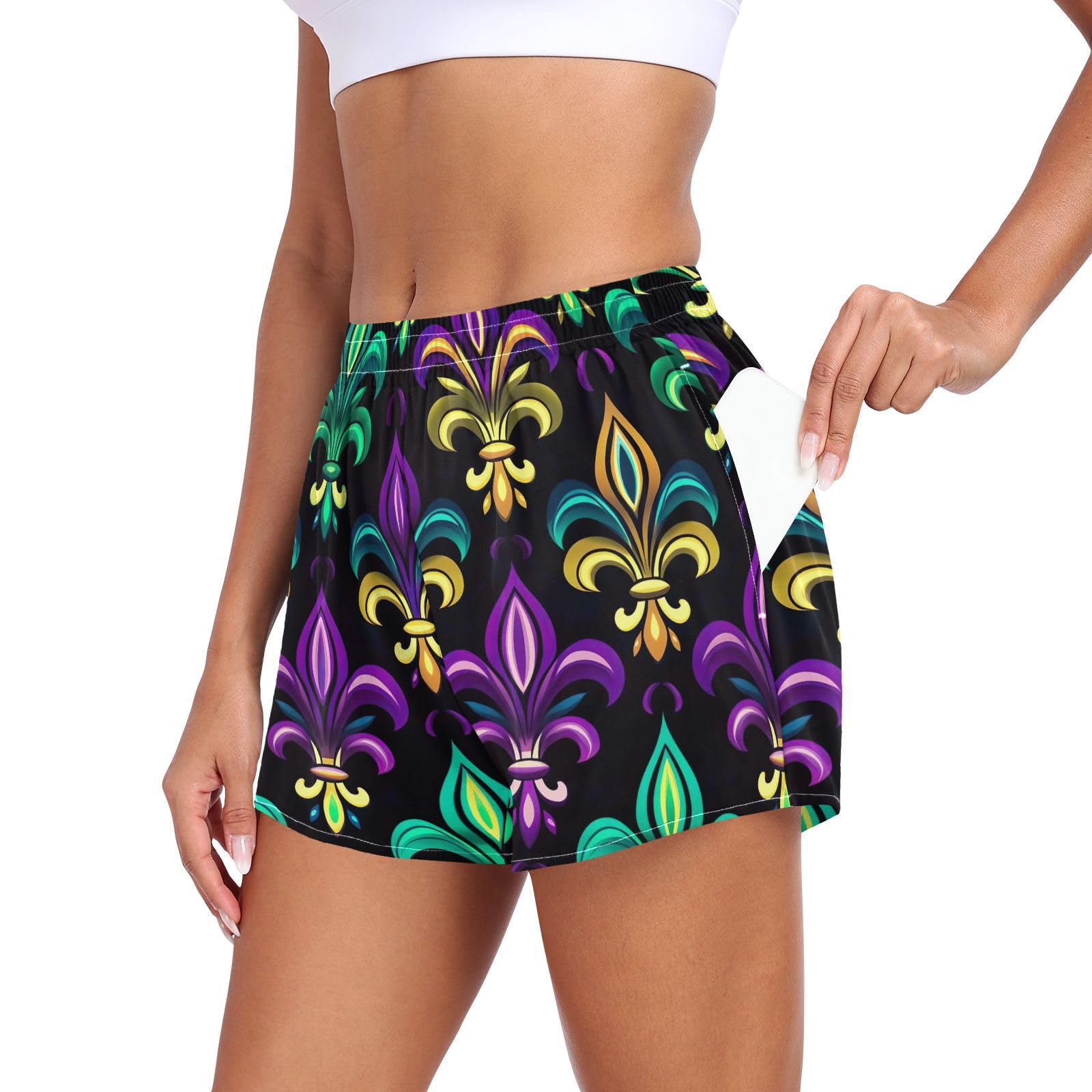 UMIRIKO Mardi Gras Athletic Shorts for Women with Pockets S 202a5125