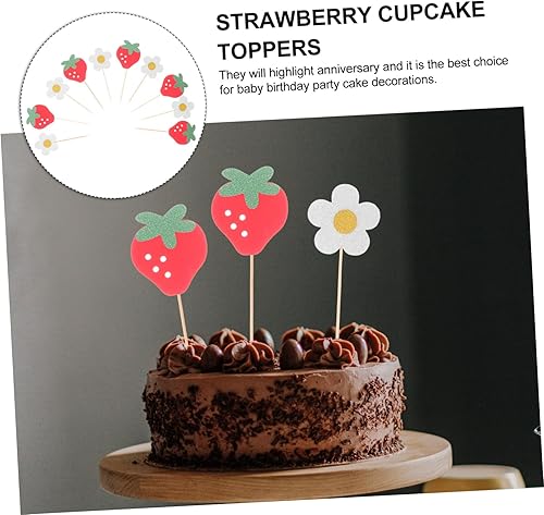 Miniatura 8 de Decoraciones de fresa para pastel de cumpleaños, 20 piezas de palillos de tartas, decoración de cupcakes de flores, suministros de fiesta