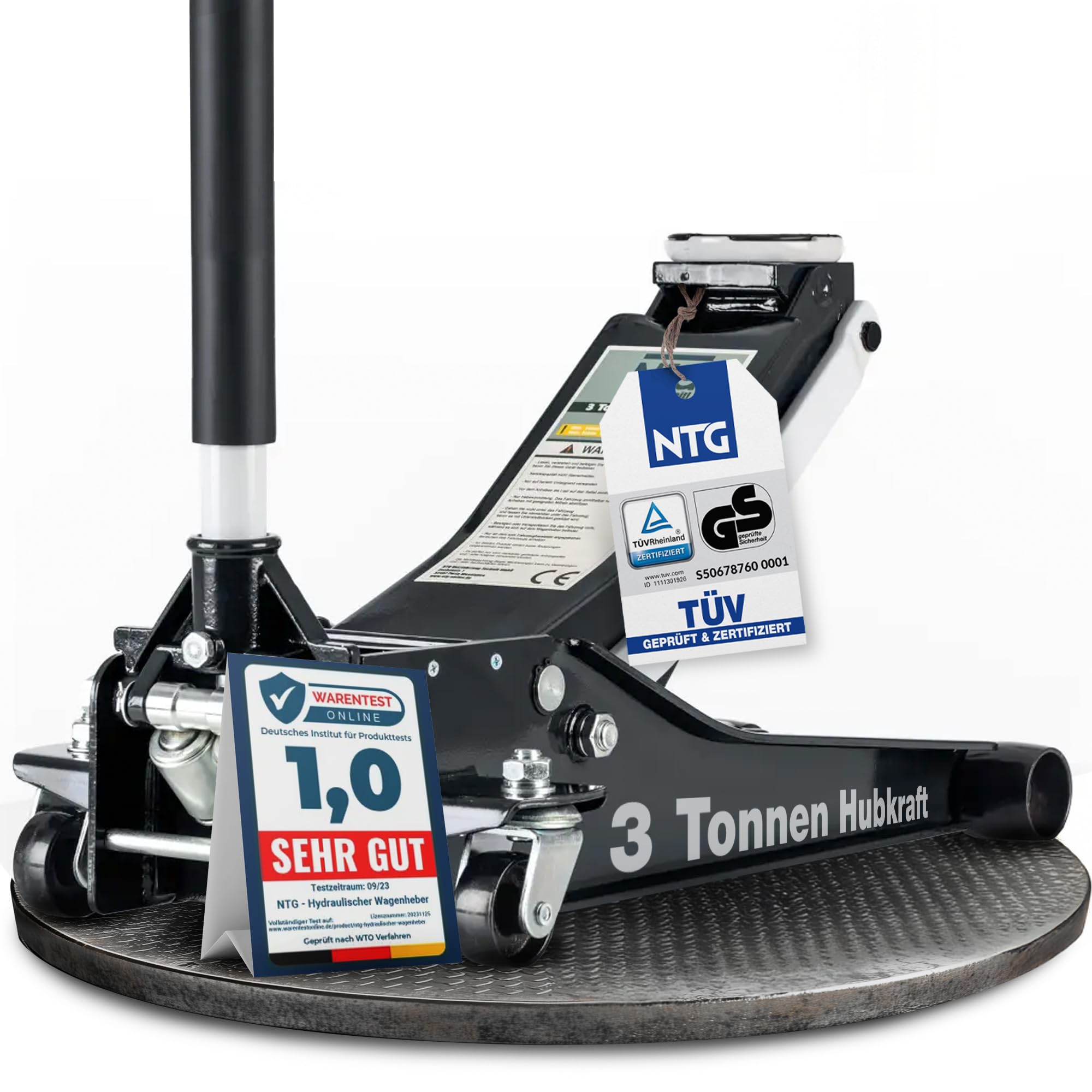 NTG Gato hidráulico 3T (TÜV certificado, elevación 75-505 mm), doble cilindro, extraestable, profesional, 3000 kg, plano, para SUV y coches bajos, color negro