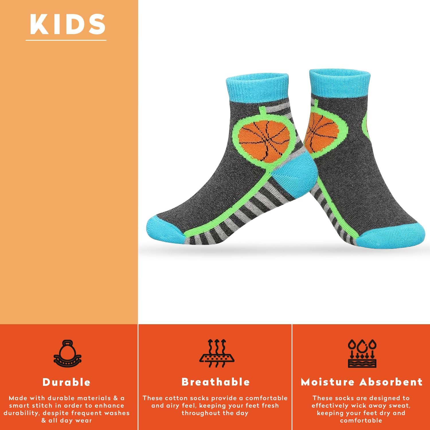 Supersox Regular Length Sports Socks for Kids,Made with Breathable,Anti Odour & Moisture Absorbent Combed Cotton with a Extra Durable Welt,Ideal For All Day Wear (Pack Of 5) (11-12 Years),Multicolour 3