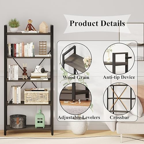 Miniatura 4 de FATORRI Estantería industrial de 5 niveles estantería abierta rústica para exhibición estantería de madera oscura y metal y estantes altos para