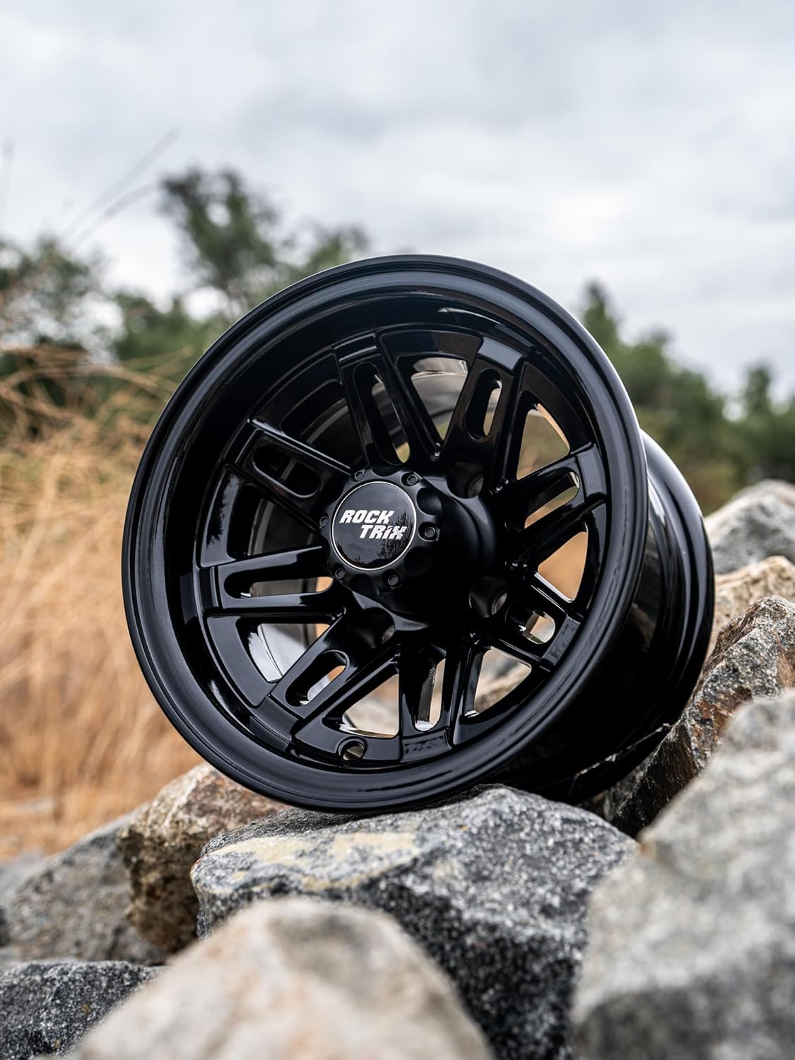 RockTrix RT103 10 inch Golf Cart Wheel, 10x7 Gloss Black Rim, Compatible with Club Car EZGO and for Yamaha Golf Carts, 4x4 4x101.6 Bolt Pattern, Single Wheel