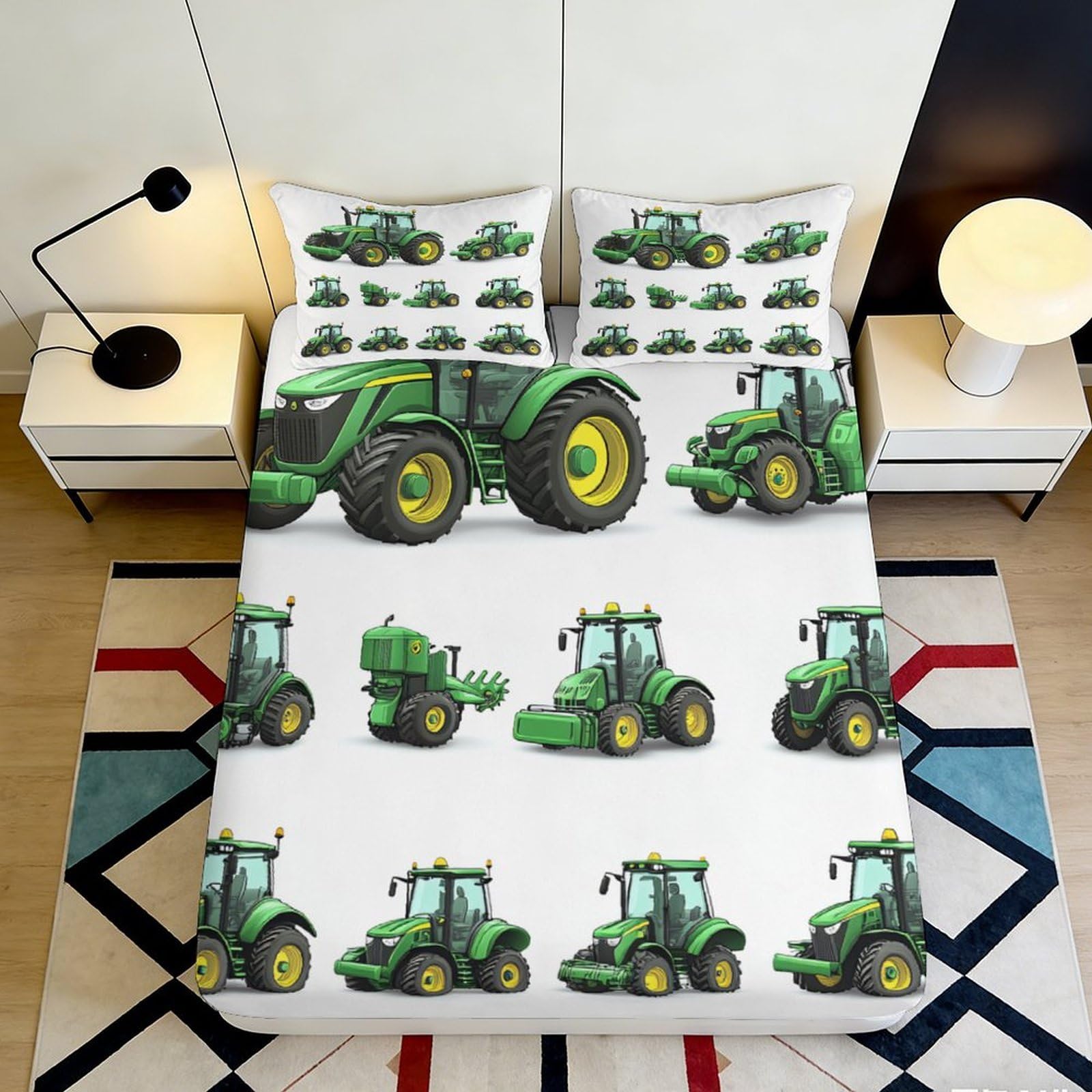 3D Printed Green Tractor Fitted Sheet Microfiber Soft Anti-Slip Farm Vehicle Bed Cover for Bedroom Youth Dorm Decor 160x200x25cm