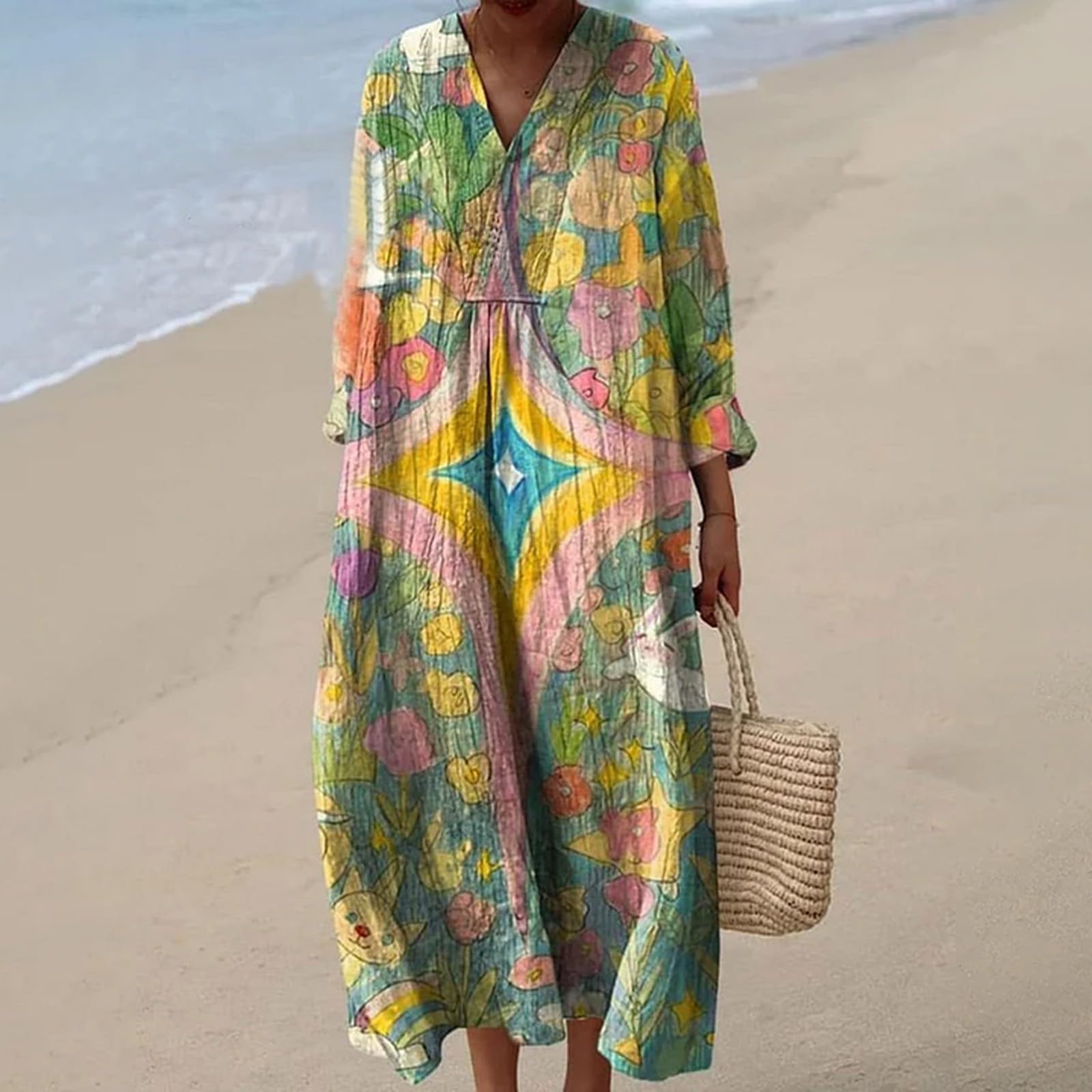 Abito lungo estivo in mussola da donna, maniche a 3/4, maniche a volant, stile bohémien, casual, ampio, con scollo a V, stampa floreale, leggero, ampio, arioso