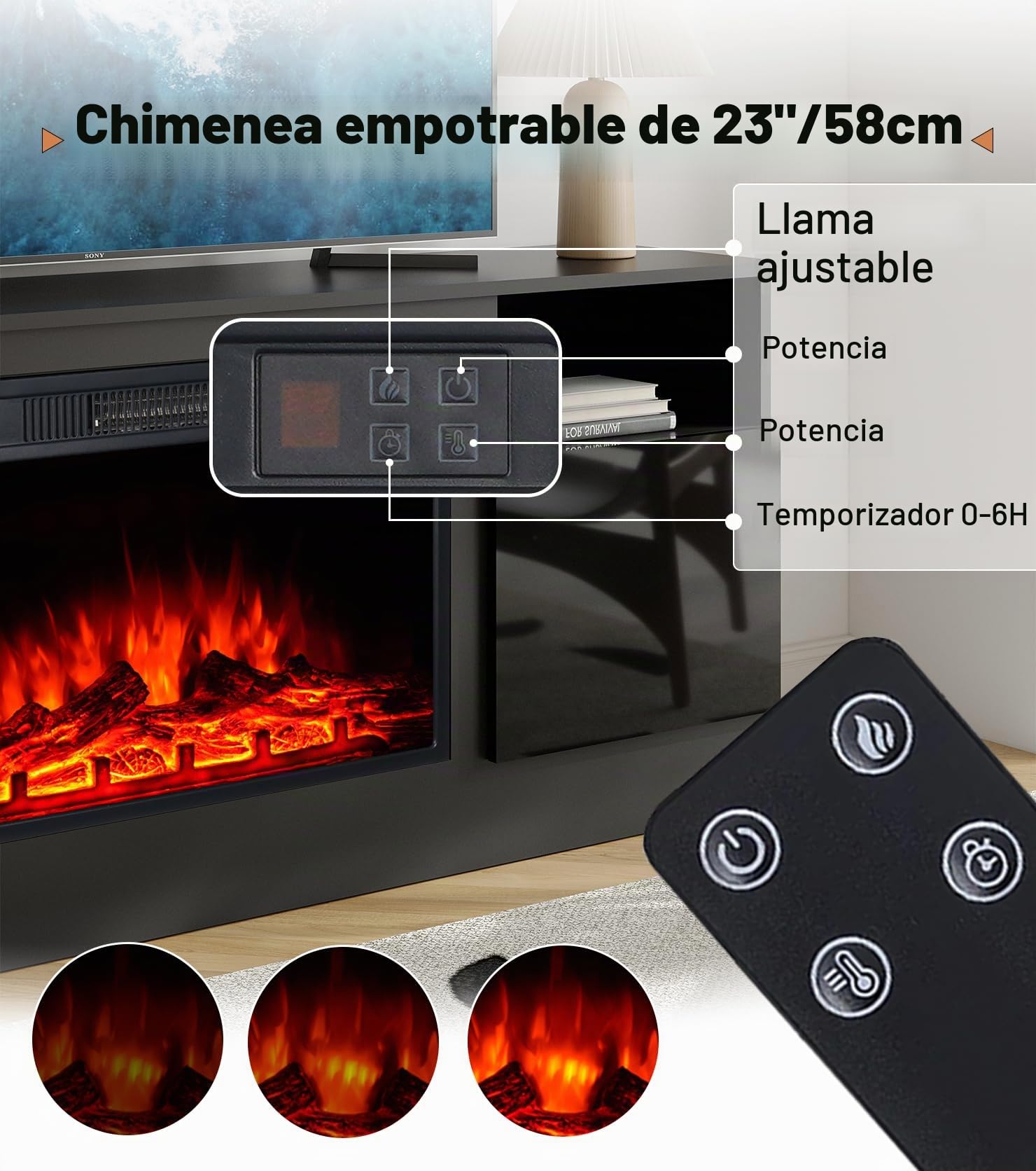 M.C.Haus Chimenea Eléctrica con Soporte de TV, para TV de hasta 143.9cm*80cm,Entretenimiento en Textura de Madera con Luz LED, Mueble de Realce y Frente de Cristal, 147.3cm,Negro