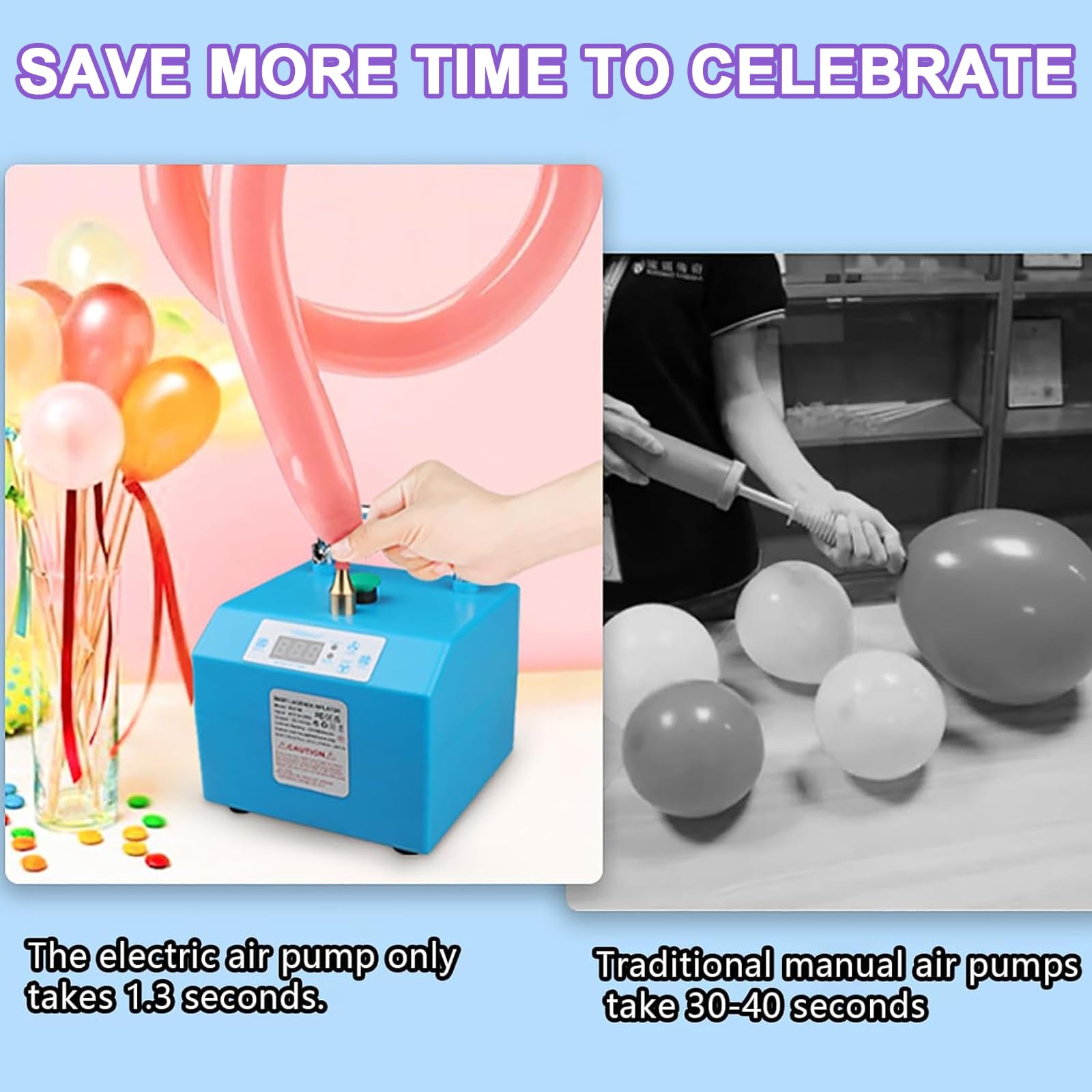 Pompa elettrica per palloncini, gonfiatore portatile con timer e controllo a pedale, collega 2 unità, intervallo di temporizzazione 0,1-9,9 S, ad alta efficienza per decorazioni ed eventi per feste