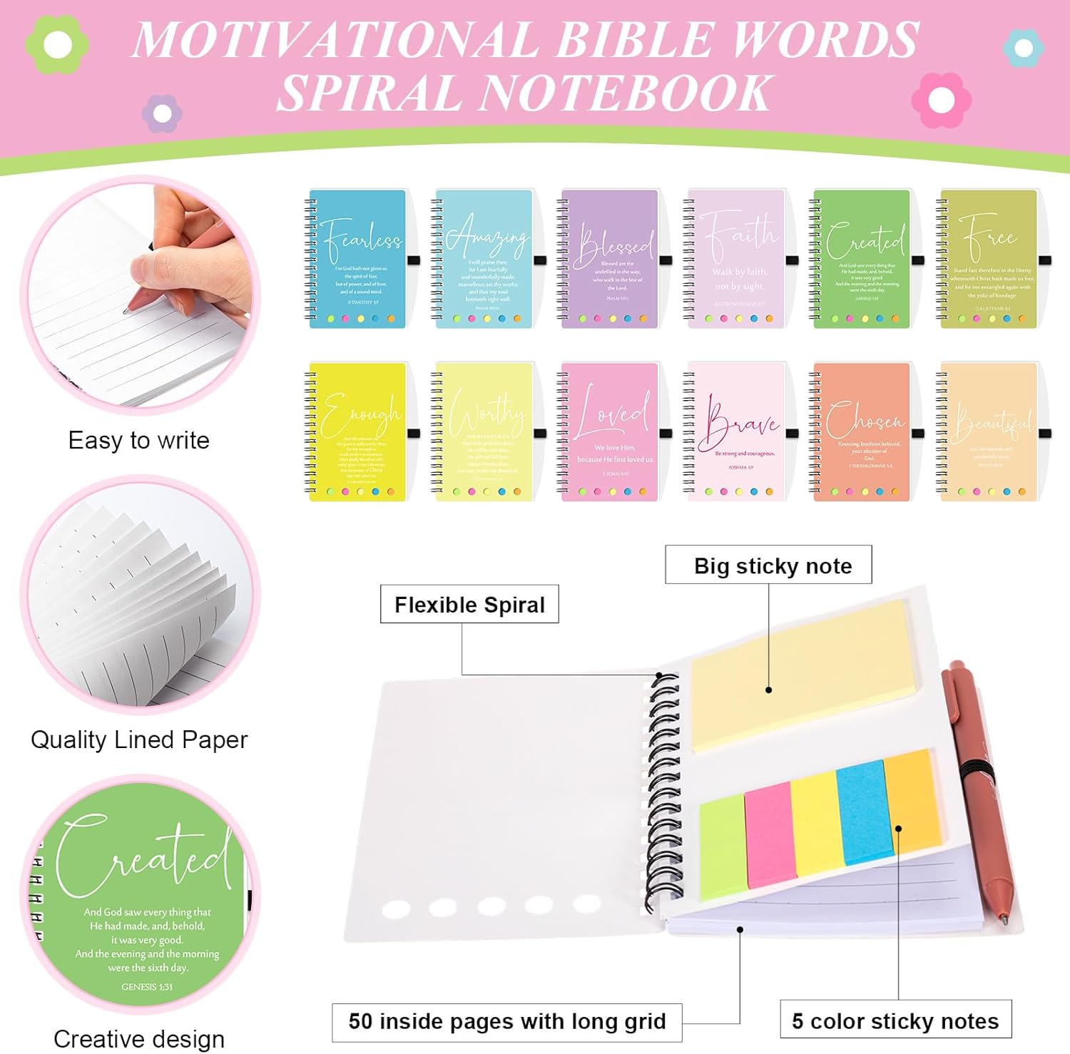 Kosiz 24 Sets/48 Pcs Easter Christian Gifts Bulk Inspirational Prayer Journal Christian Scripture Notebook with Bible Pen Religious Church Gift for Mothers Day Women Men Dad (Simple,Macaron Color)
