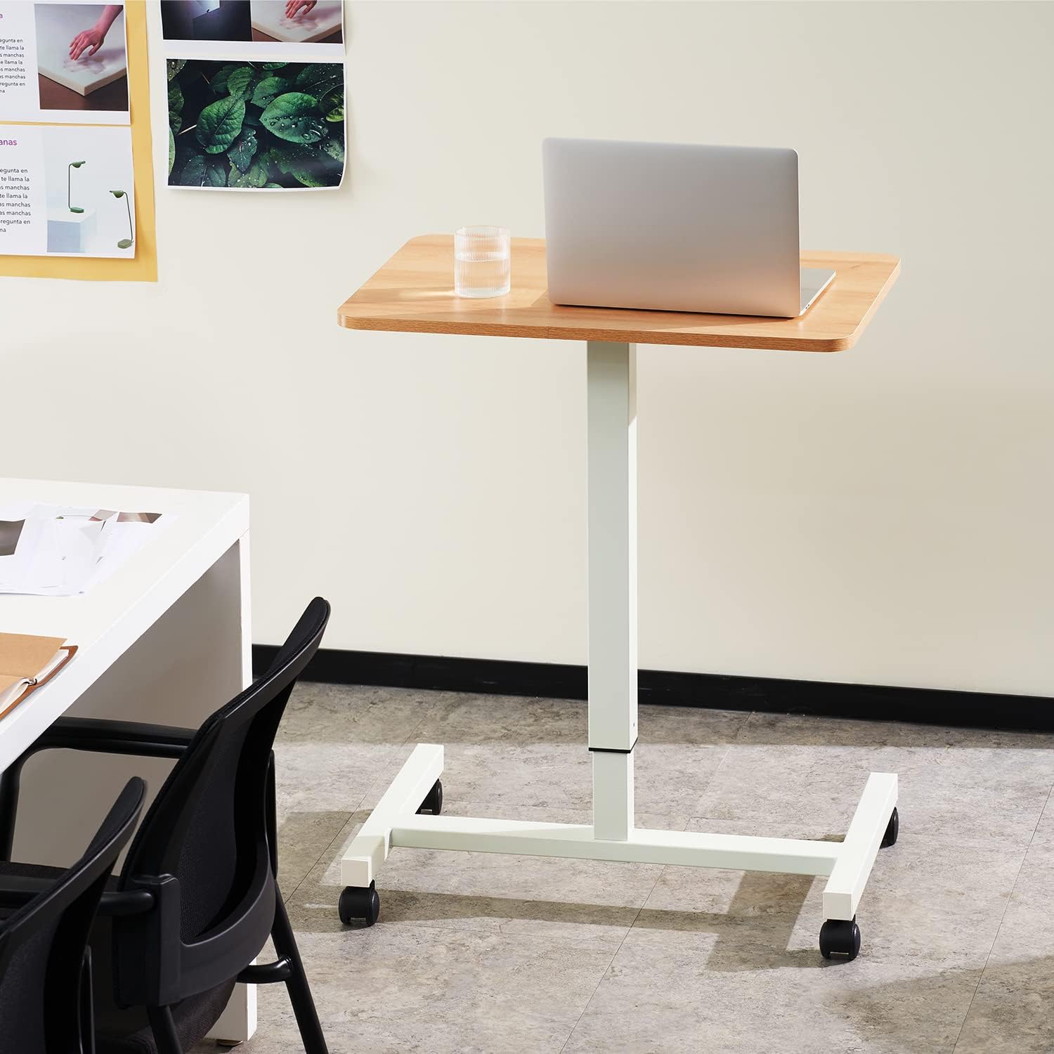CLATINA Round Edge Design Elegant Mobile Laptop Desk Pneumatic Sit to Stand Table, Height Adjustable Rolling Cart with Lockable Wheels for Home Office Computer Workstation, 28" x 19" Beige