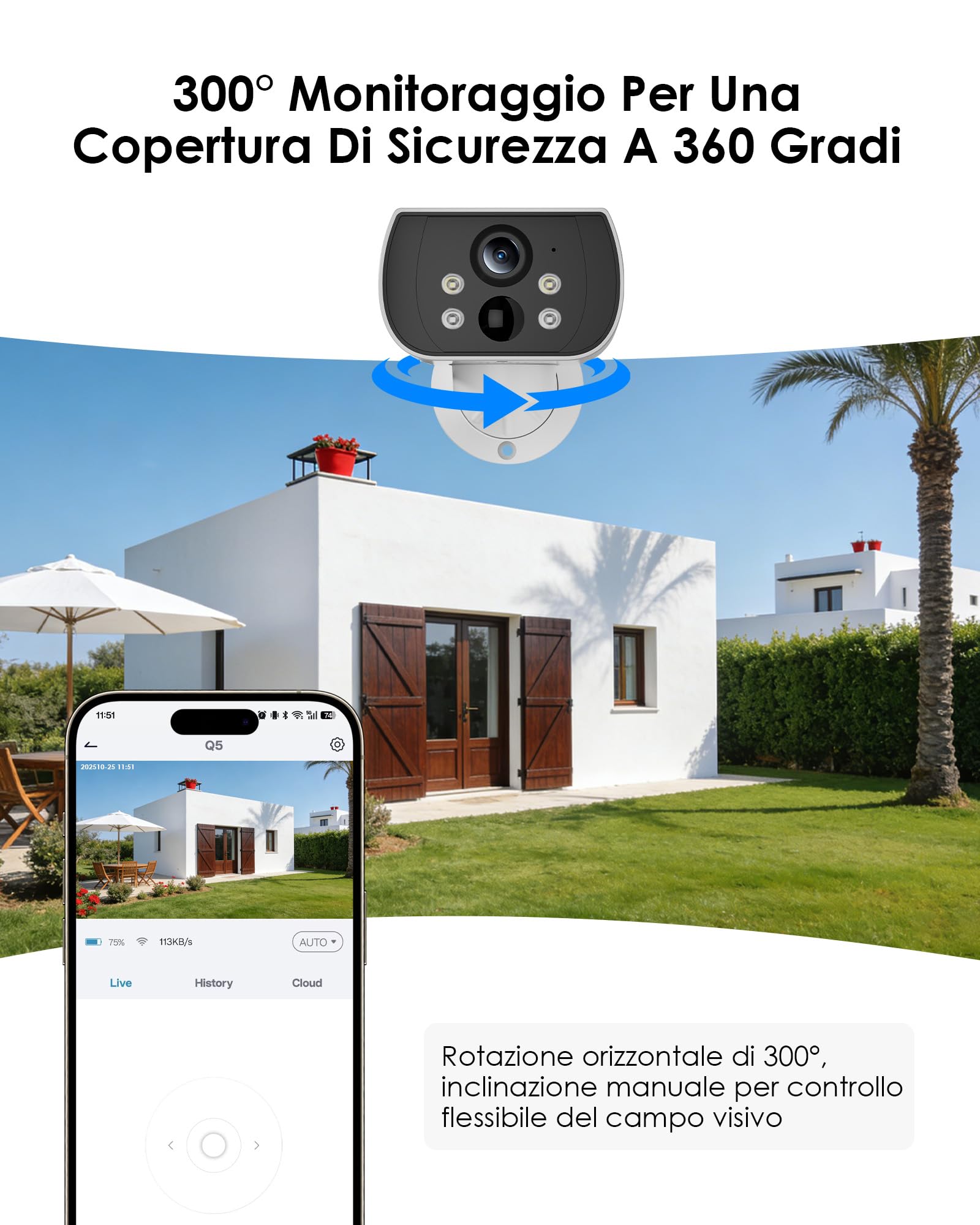 CZEview 3K 5MP Telecamera Wi-Fi Esterno Senza Fili Solare con Batteria | Magnetica Senza Forare, 300° Rotazione, Visione Notturna a Colori, Rilevamento Persone, Audio Bidirezionale, IP65