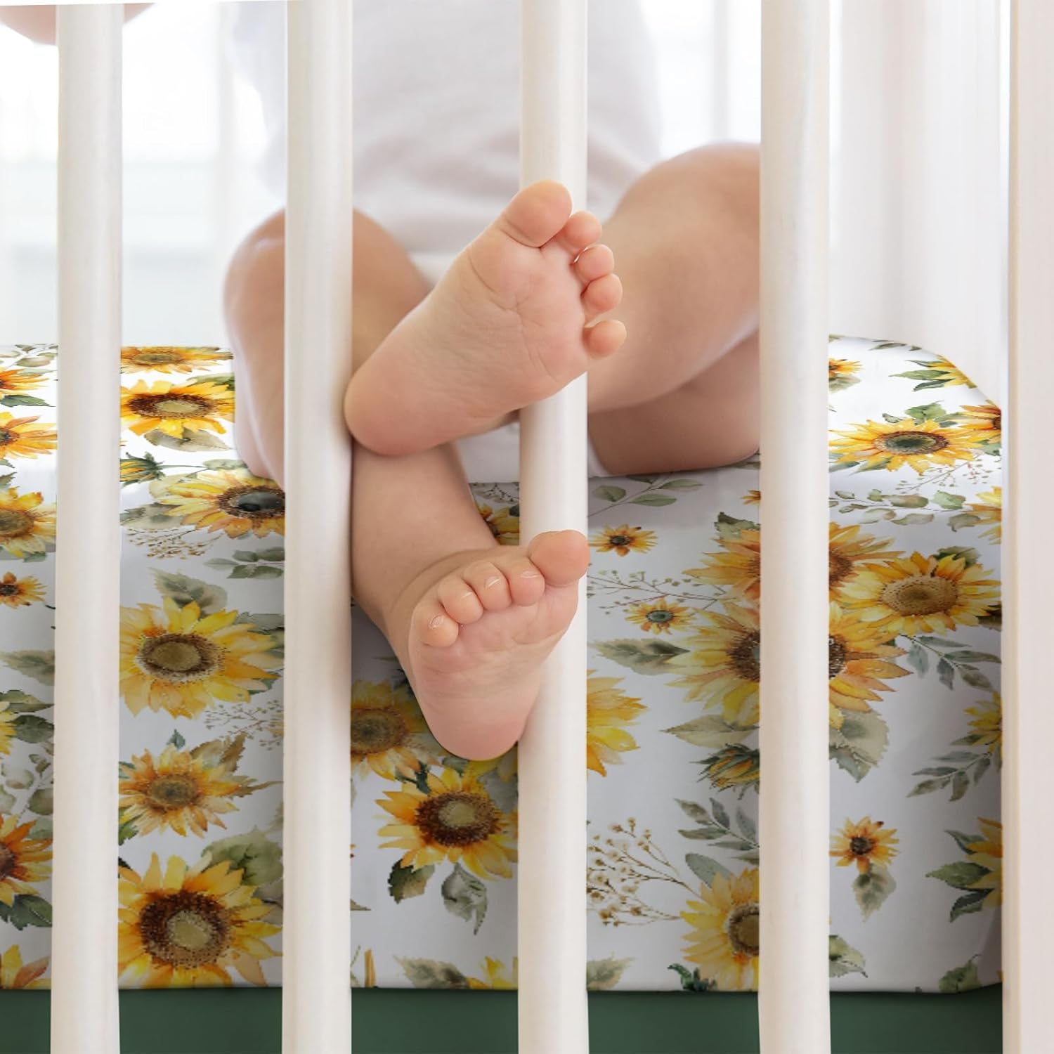 Watercolor Yellow Sunflowers Baby Crib Sheet 52''x28'' Boho Sunflowers Leaves Stretchy Fitted Crib Mattress Covers for Boy Girl Summer Wild Floral Soft Baby Sheets for Standard Crib Toddler Mattress