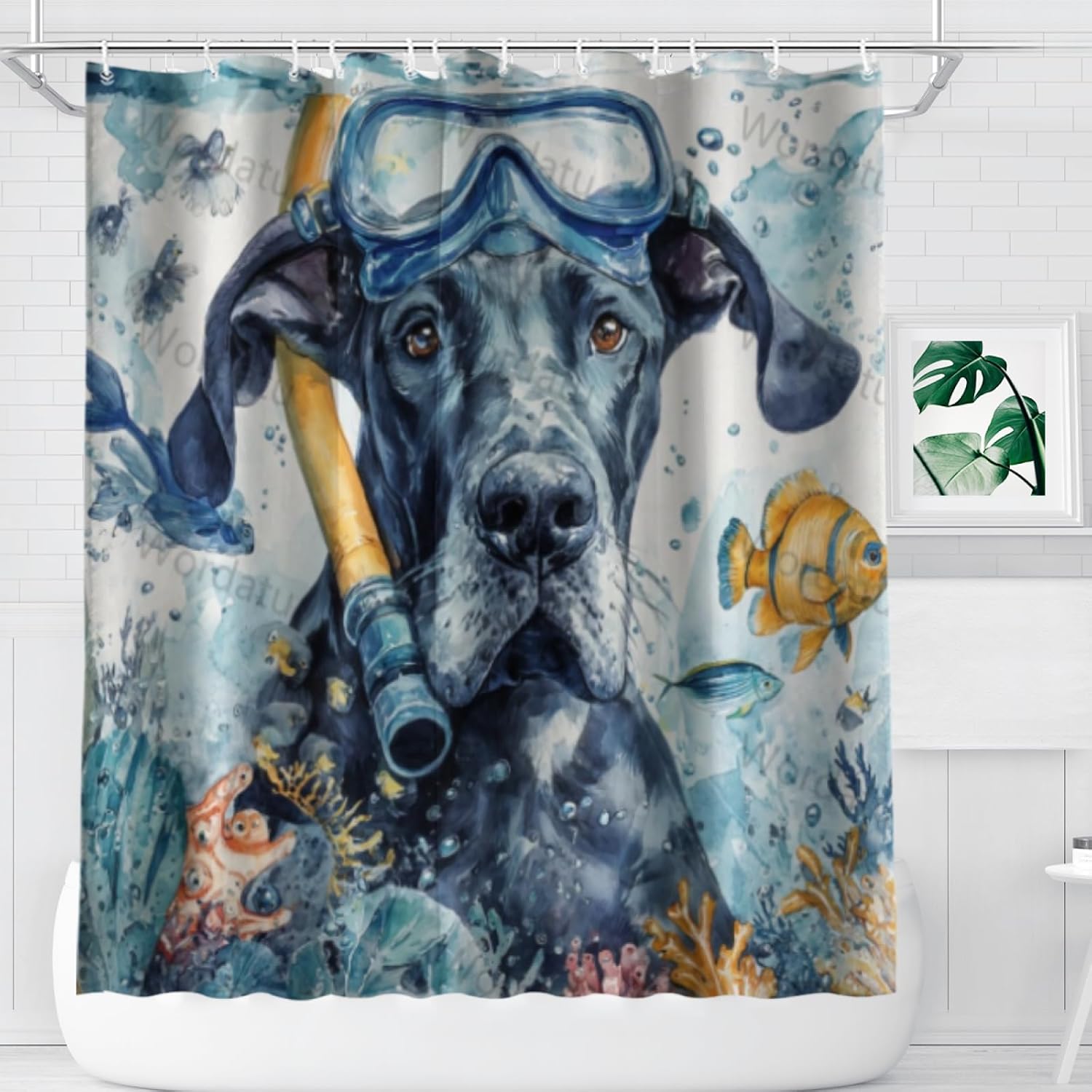 Funny Great Dane Shower Curtain Teal Blue Sea Ocean Waterproof Fabric Shower Curtains for Bathroom with Animal Starfish Nautical Bathroom Curtain 72x72 Inches