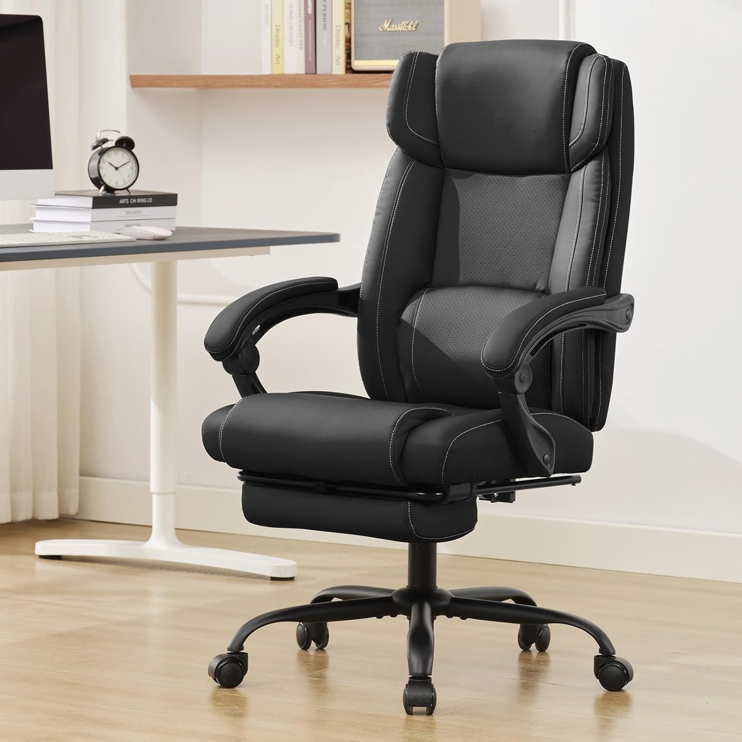 Reclining Office Chair with Footrest,Ergonomic Home Office Desk Computer Chair with Lumbar Support,Thick Executive Leather Chair,90-155° Adjustable (Brown)