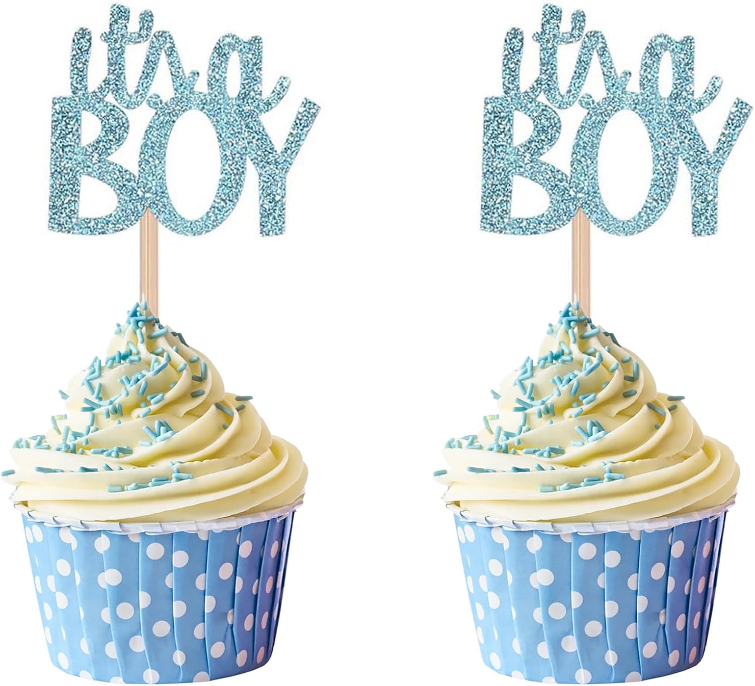Blue Glitter It's a Boy Cupcake Toppers Gender Reveal Party Baby Shower Decorations Picks - Set of 24