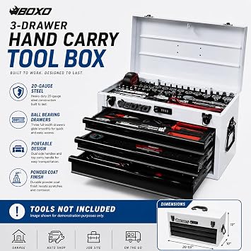 Boxo USA 3-Drawer Hand Carry Toolbox Heavy Duty 20-Gauge Steel Portable Tool Box with Ball Bearing Drawers, Dual Key & Combination Lock, Powder-Coated Finish (Black)
