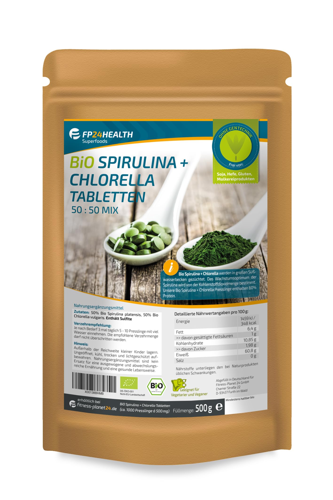 Bio Spirulina + Chlorella - 1000 Tabletten 500g - 500mg pro Tablette - Plantensis und Vulgaris Algen - Hochdosiert - Presslinge - Top Qualität