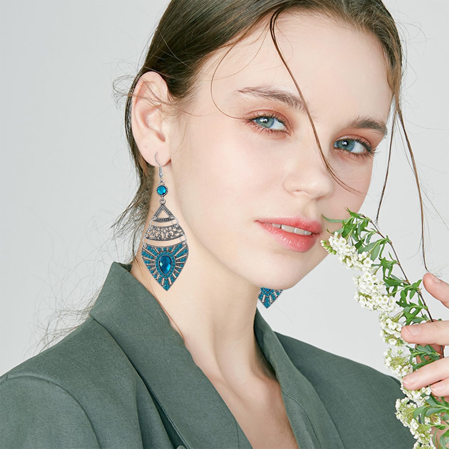 Bohemian Style Retro Geometric Alloy Dangle Drop Earrings Ethnic Colored Rhinestone Hollow Dangle Drop Earrings - Image 4