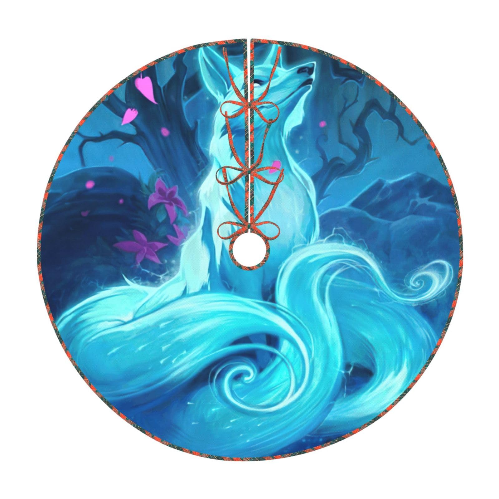 Jupe de sapin de Noël bleu magique tapis rustique imprimé renard 120cm