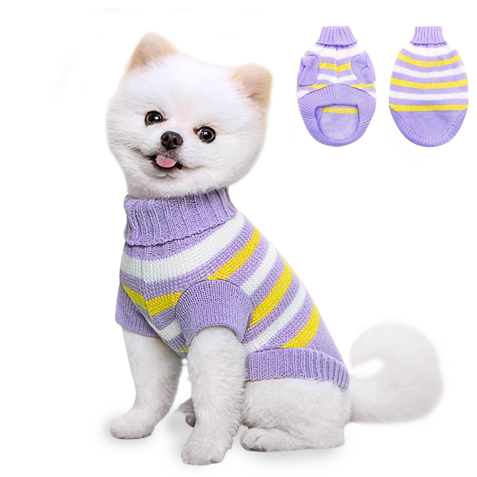 Jersey para perros, suéter de punto para perros pequeños, suéter cálido para perros, perros pequeños, cuello alto, suéter de punto, ropa exterior para perros pequeños y gatos (lila, M)