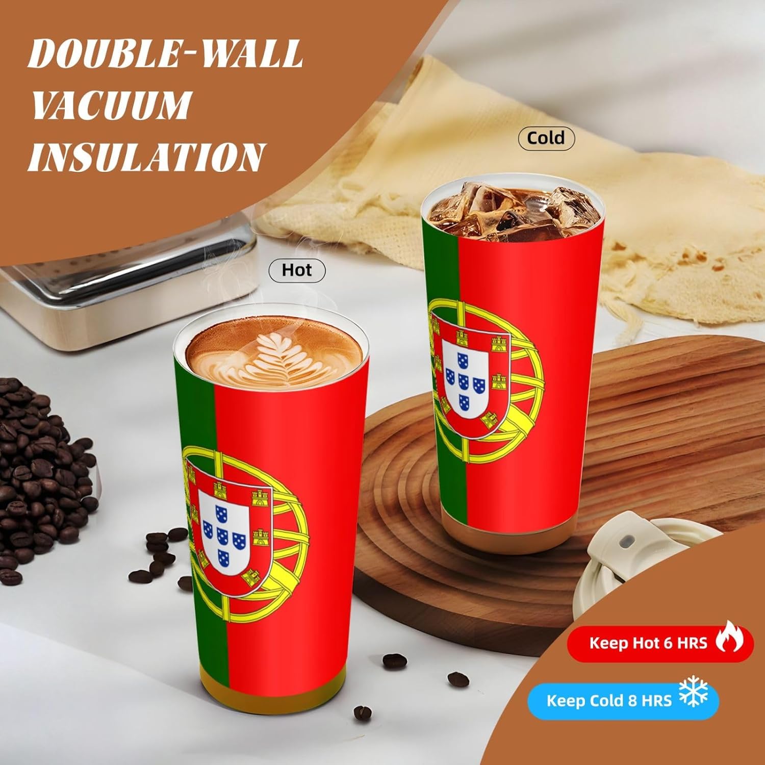 Portuguese flag Print Leakproof Insulated Coffee Mug,Stainless Steel Dual Drink Travel Tumbler,17 OZ
