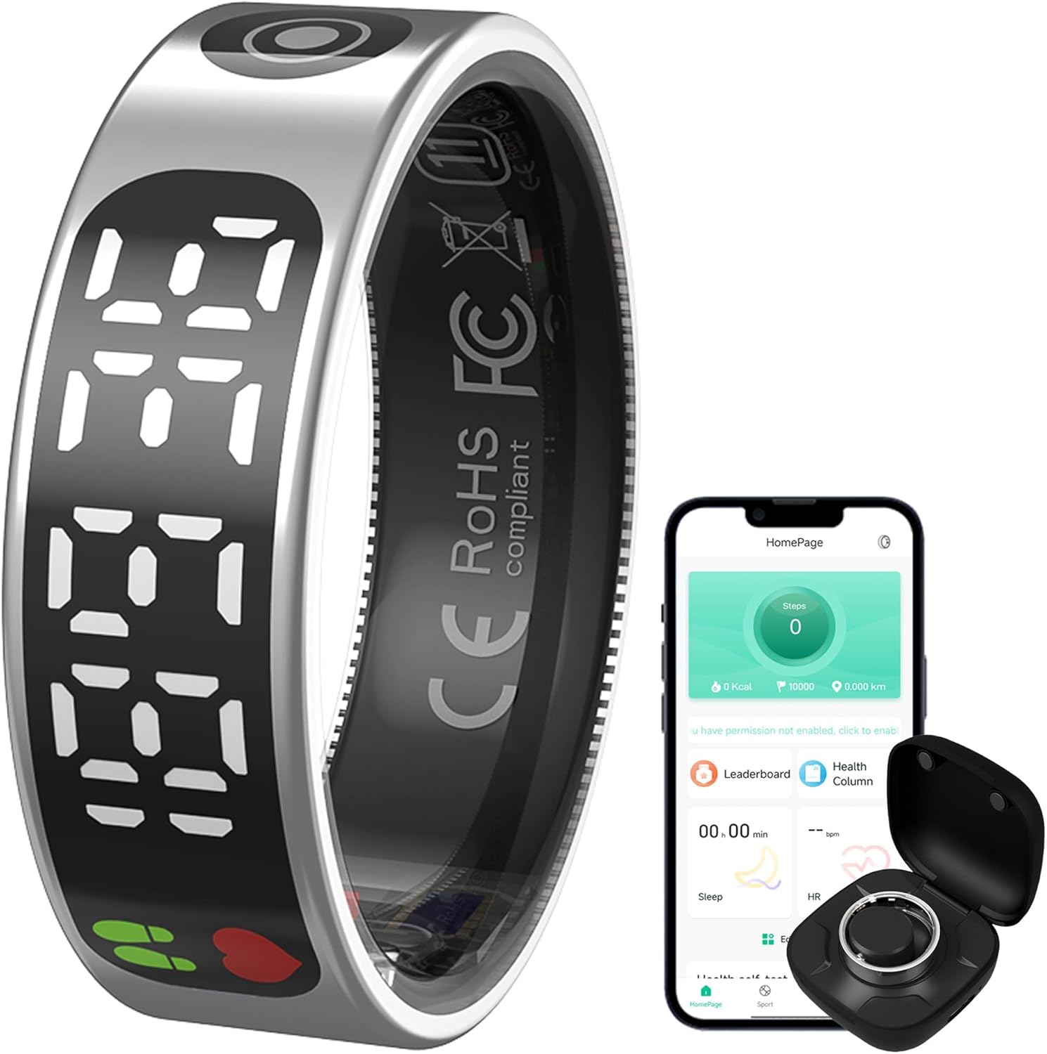 CNBRO Smart Ring, charging case, and smartphone displaying the companion app.