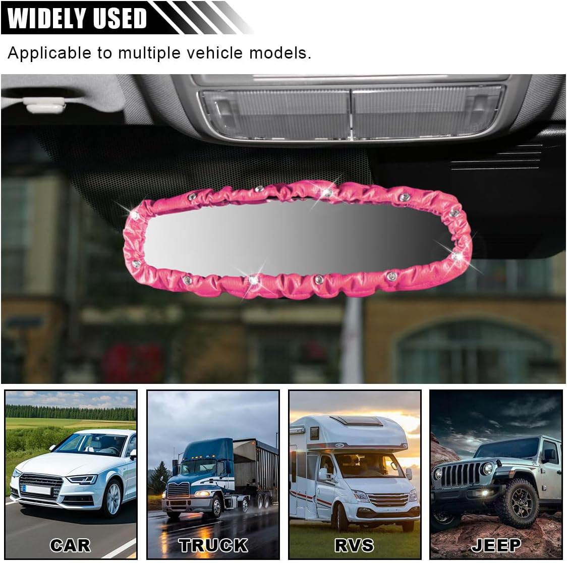 Elastic Bling Rear View Mirror Cover, Crystal Rhinestone Auto Rear View Mirror Protector for Car, Van, SUV, Car Interior Decorative Accessories for Women Girls (Pink)