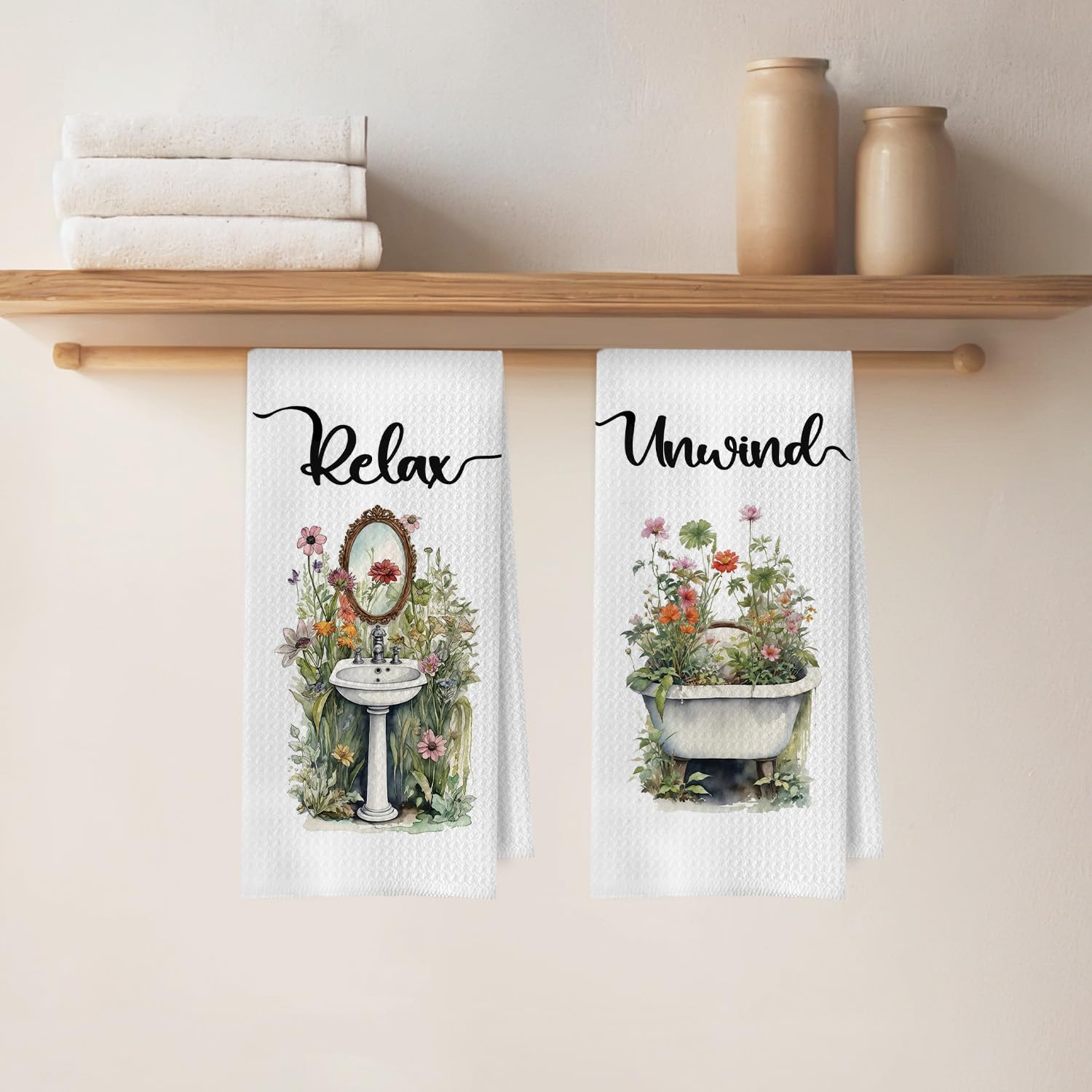Farmhouse Floral Bathroom Hand Towels Set, Rustic Cottagecore Floral Botanical Soul Breath Relax Unwind Waffle Decorative Hand Towels for Bathroom, 16x24 Inches Set of 4 - Image 4