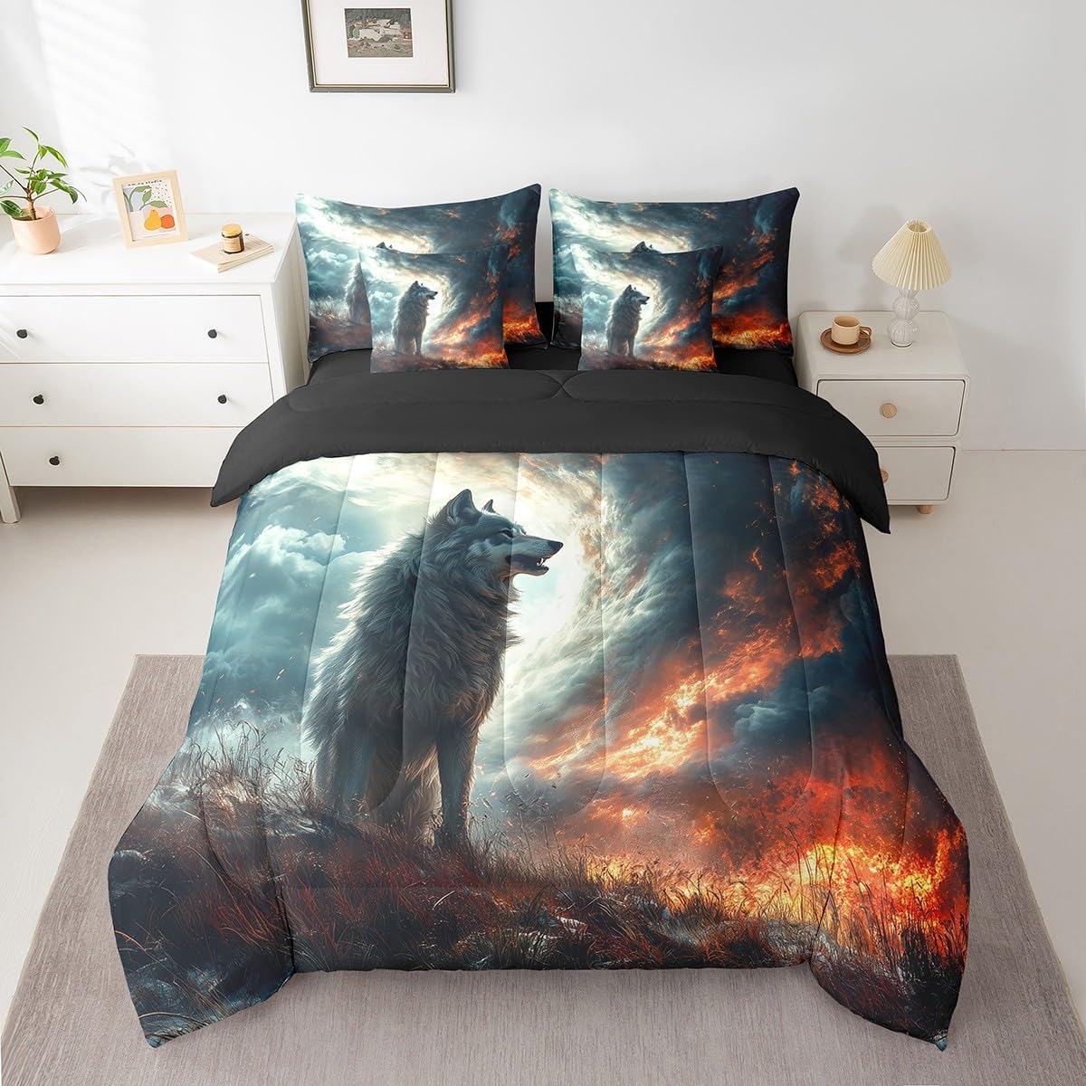 Erosebridal Wolf Tornado Comforter Set Twin,Wildlife Safari Animal Bedding Set 7Pcs for Kids Boys Men,Nature Quilt for Storm Chaser