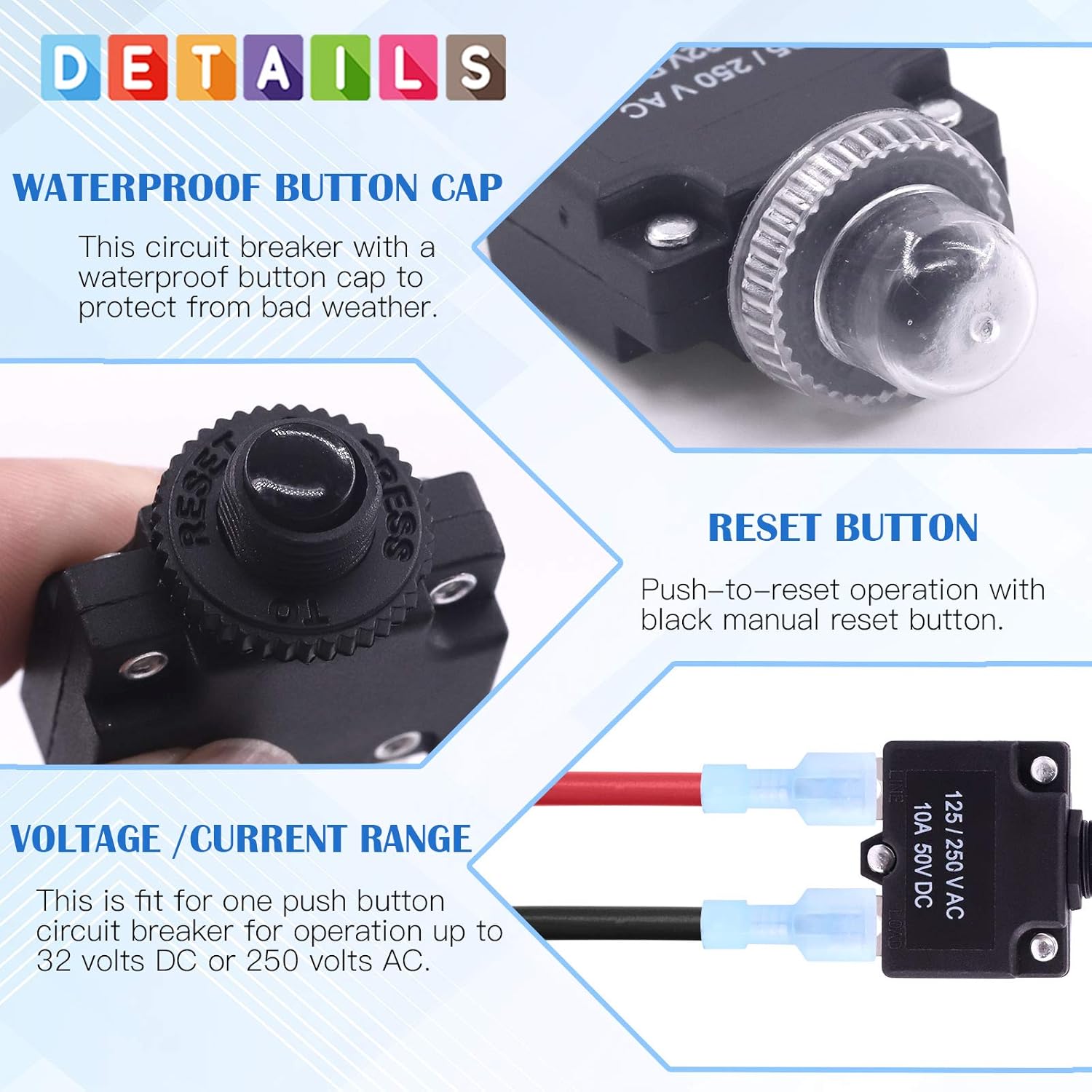 Glarks 30Pcs 5 Amp Circuit Breakers Thermal Overload Protector Switch with Manual Reset 32VDC, AC125-250V With Quick Connect Female Spade Terminal and Waterproof Button Caps - - 