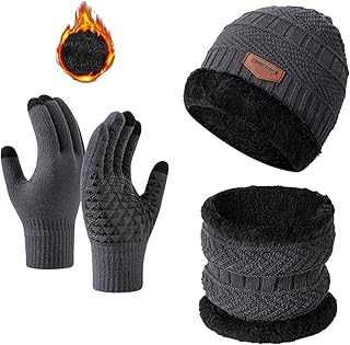 Beanie Scarf Glove Set Winter Warm 3 in 1 Knitted Beanie Neck Gaiter Gloves Non-Slip Touch Screen Fleece Lining for Men Women
