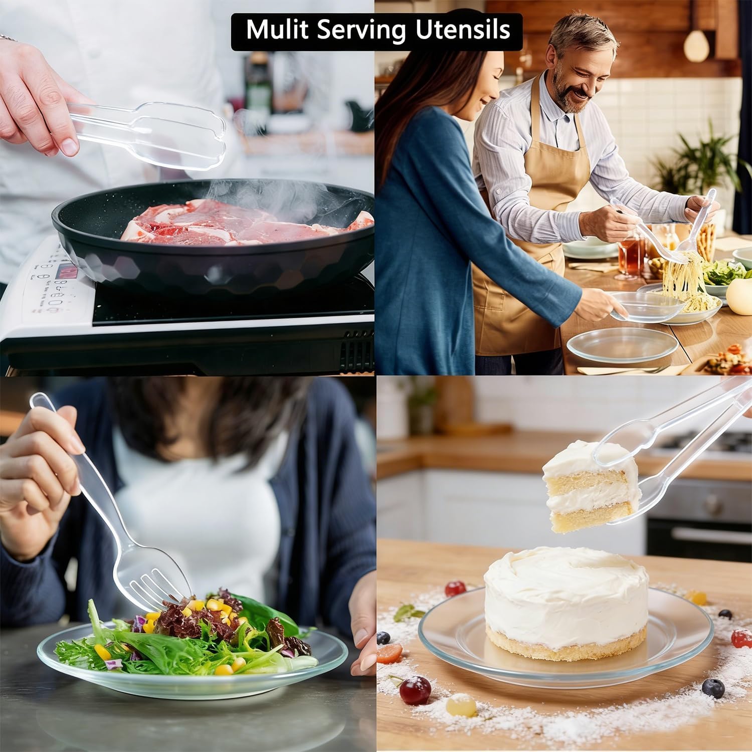 36Pcs Clear Plastic Serving Utensils Disposable Serving Spoons Forks Tongs for Party Utensils Supplies for Dinner Parties Buffets Salad Noodles Soup and Weddings (Clear)