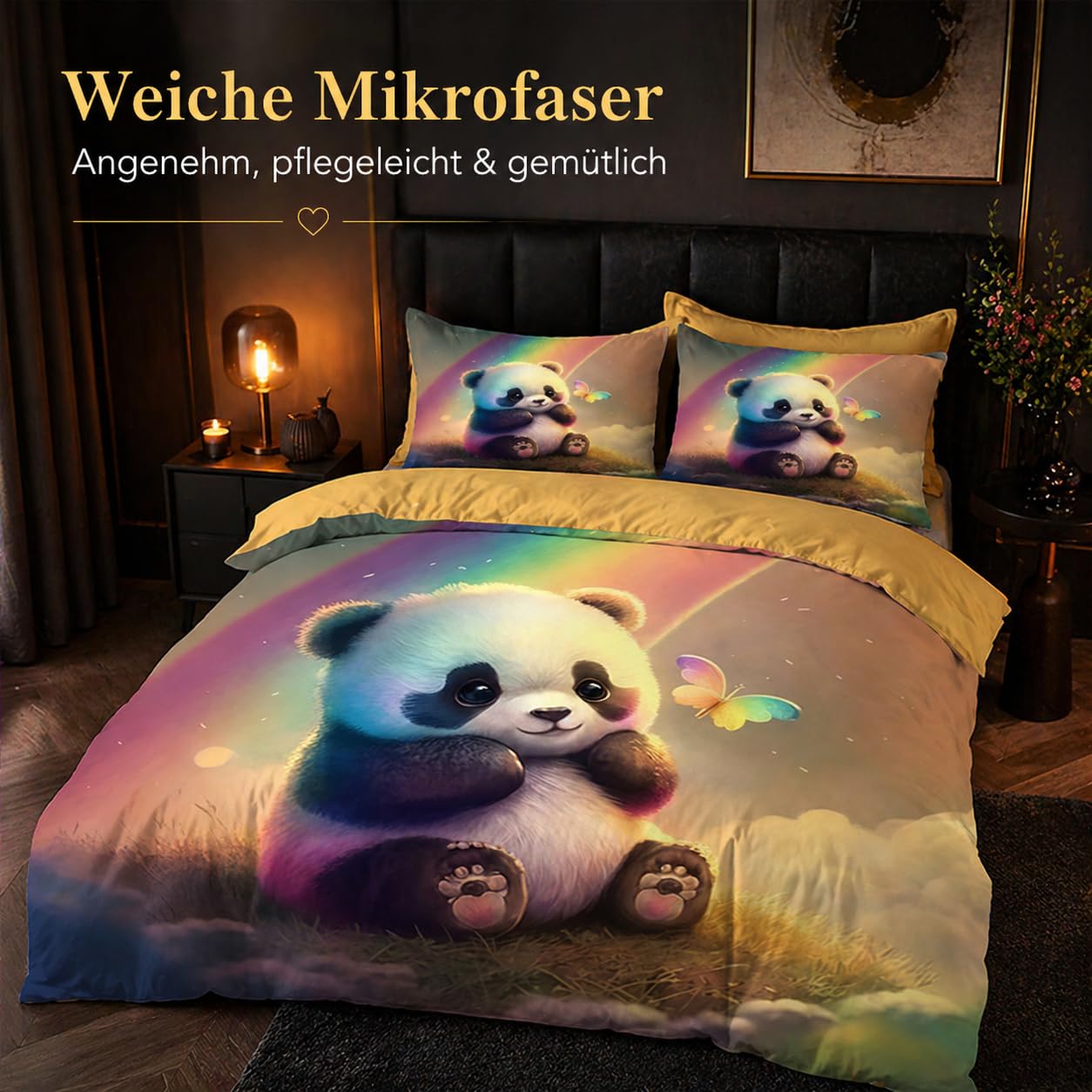 Kinder Bettwäsche-Set mit Panda-Motiv, 220x240 cm, Kissenbezug 80x80 cm, Mikrofaser