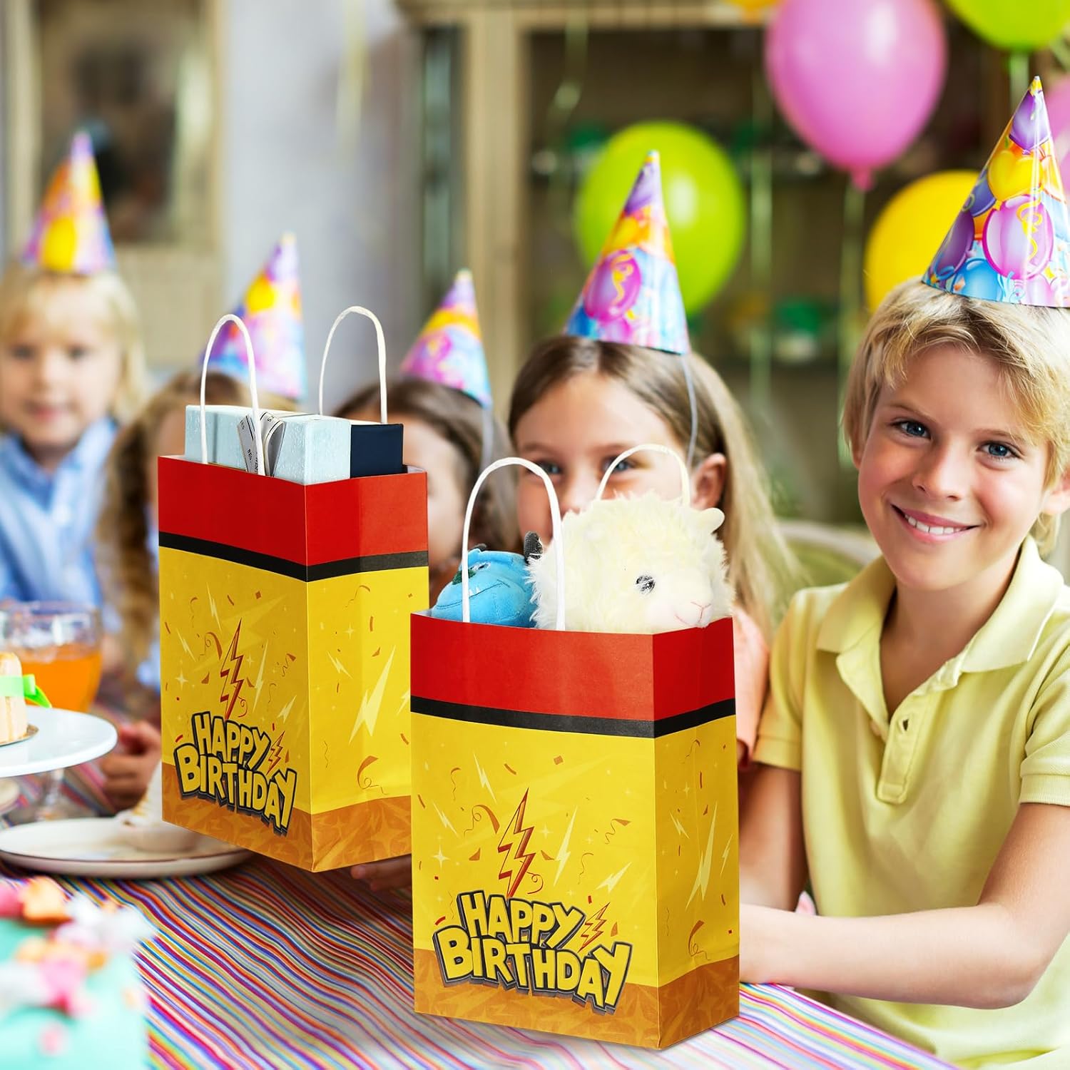 Oudain 24 Pcs Cartoon Animation Party Favor Bags Red Yellow Goodie Treat Gift Bags with Handle Paper Candy Packing for Birthday Lightning Pattern Theme Supplies Baby Shower Decorations - Image 7