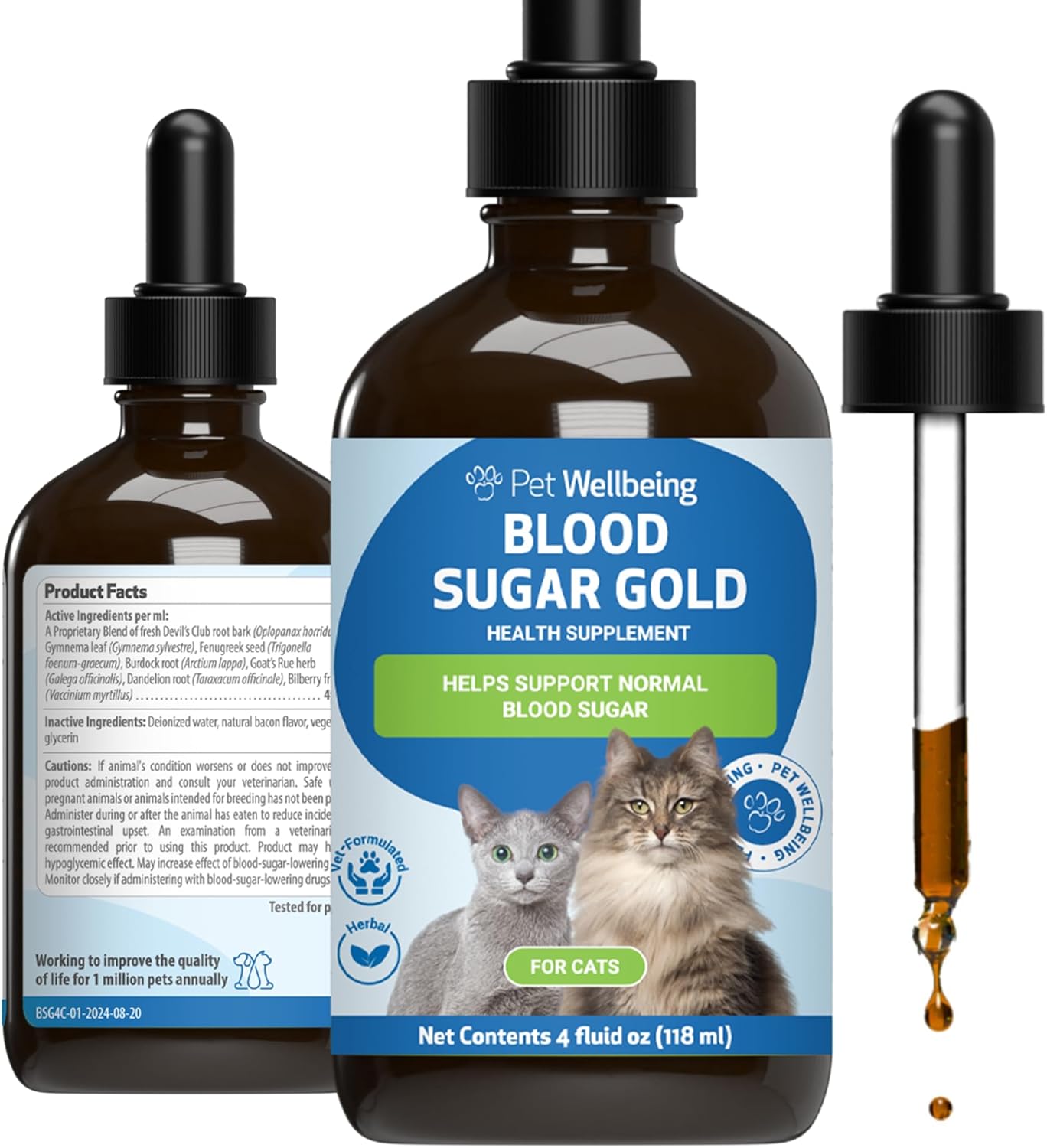 Pet Wellbeing Blood Sugar Gold for Cats - Healthy Blood Sugar Levels, Pancreas & Liver Function, Devils Club, Gymnema - Veterinarian-Formulated Herbal Supplement 4 oz (118 ml)