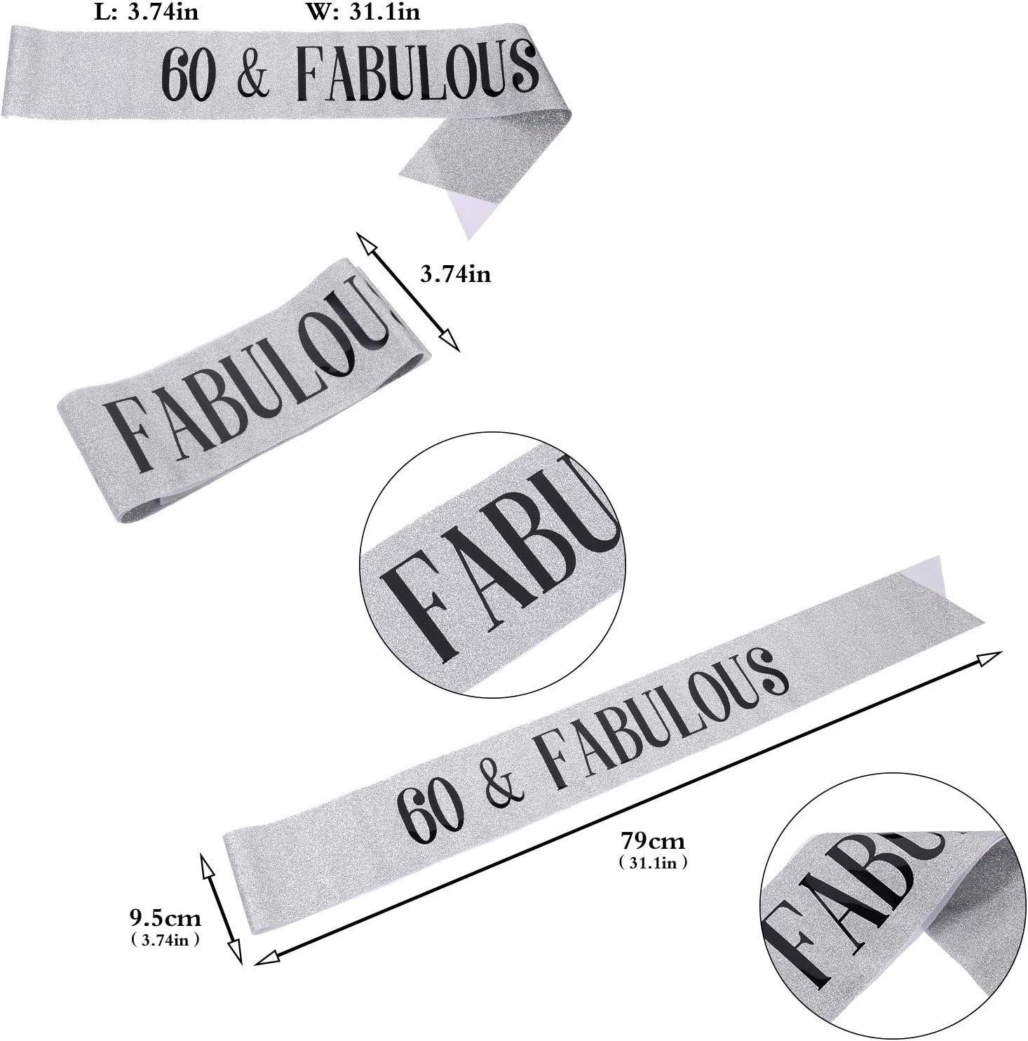 SUSSURRO "60 and Fabulous Sash and Rhinestone Tiara Set,60th Birthday Gifts Birthday Sash for Women Birthday Party Supplies(Silver) - Image 4