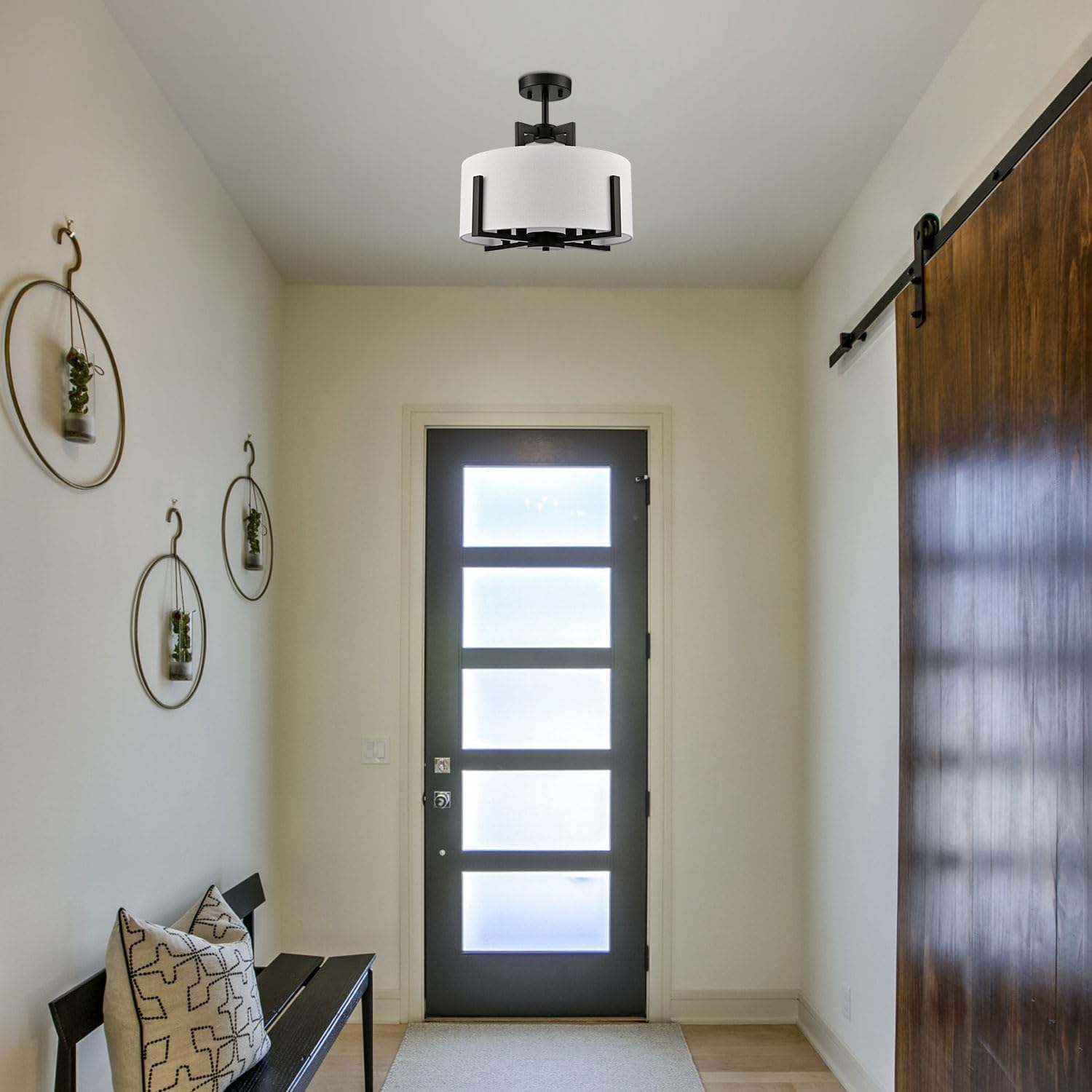 Black Semi Flush Mount Ceiling Light, 4-Light Modern Drum Chandelier with Linen Shade, E12 Dimmable Close-to-Ceiling Fixture for Bedroom Hallway Bathroom, Matte Black Farmhouse Light