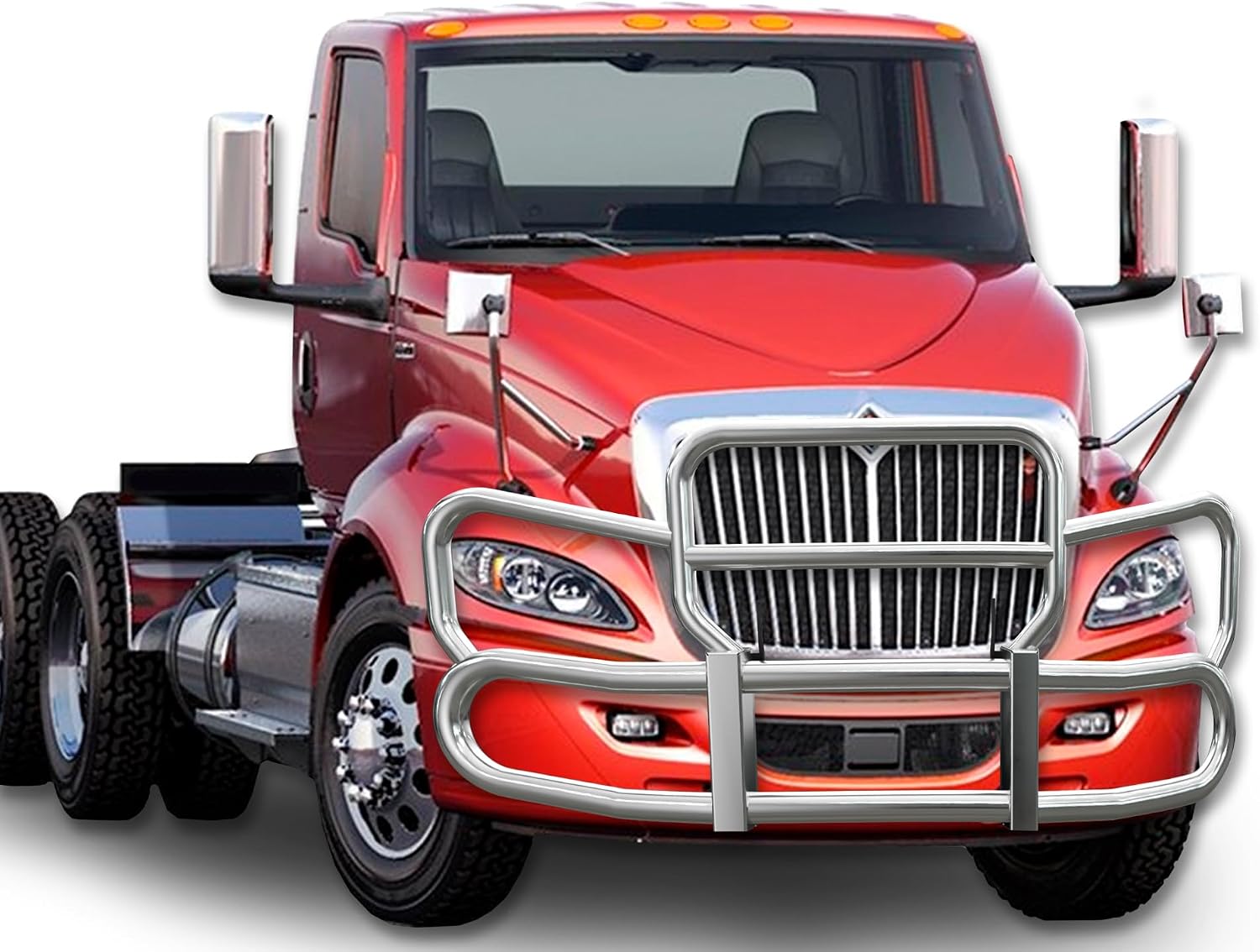 KOZAK Grille Deer Brush Bumper Guard Herd 300 w/ 4x 6" Square LED Headlights Compatible with International RH 2017-2024 PLUS Brackets, Logo, 2X 22" Wipers, License Plate Holder & Frame, Vest