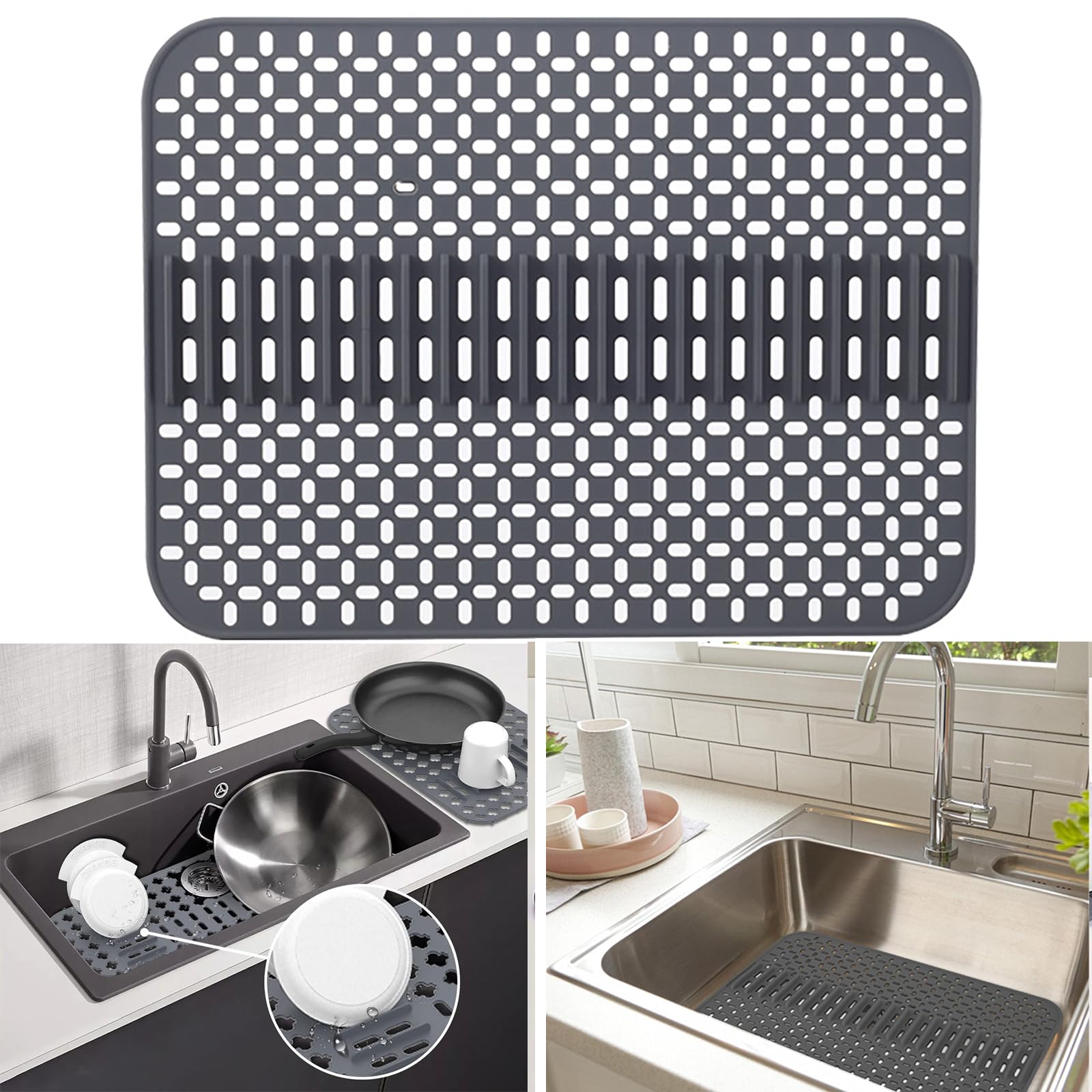 Silicone Sink Mat Protectors for Kitchen 17''x 12.6'', Rubber Sink Mats for Kitchen Sink Protector Mat of Farmhouse Stainless Steel Porcelain Sink (Grey)