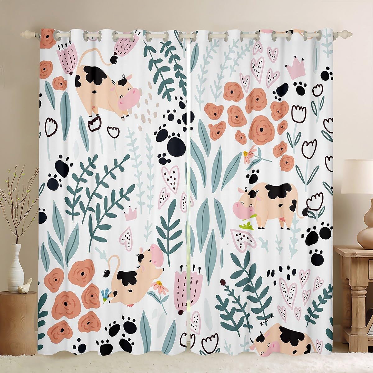 Homewish Kawaii Cow Curtains & Drapes,Cartoon Milk Cow Curtains Blackout,Cute Love Heart Leaves Flowers Window Curtain for Kids Girls Boys,Paw Print Animal Curtains 2 Panels 52x90